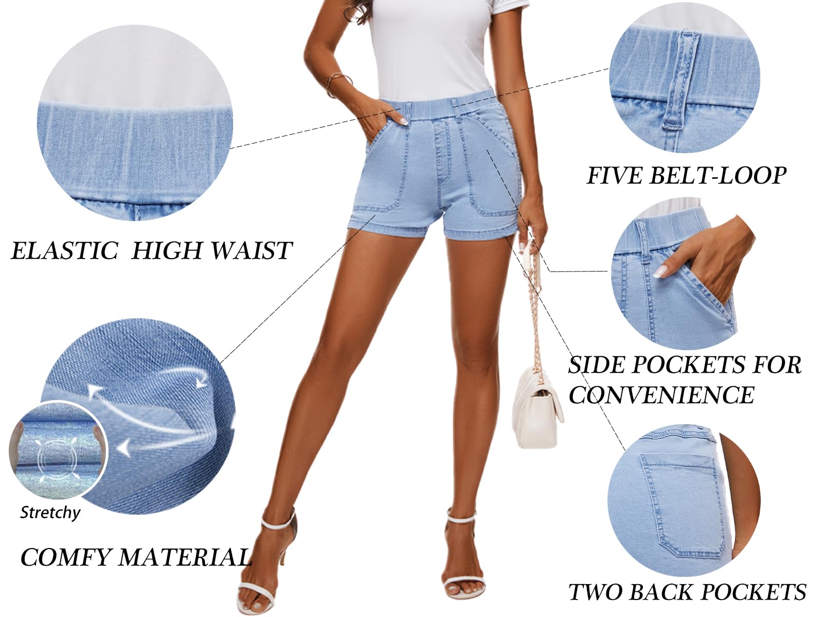 HVEPUO Women's High Waisted Stretchy Denim Shorts - Summer Cotton Casual Pull On Jean Shorts with Pockets & Elastic Waist | Perfect for Beach, Travel & Everyday Wear