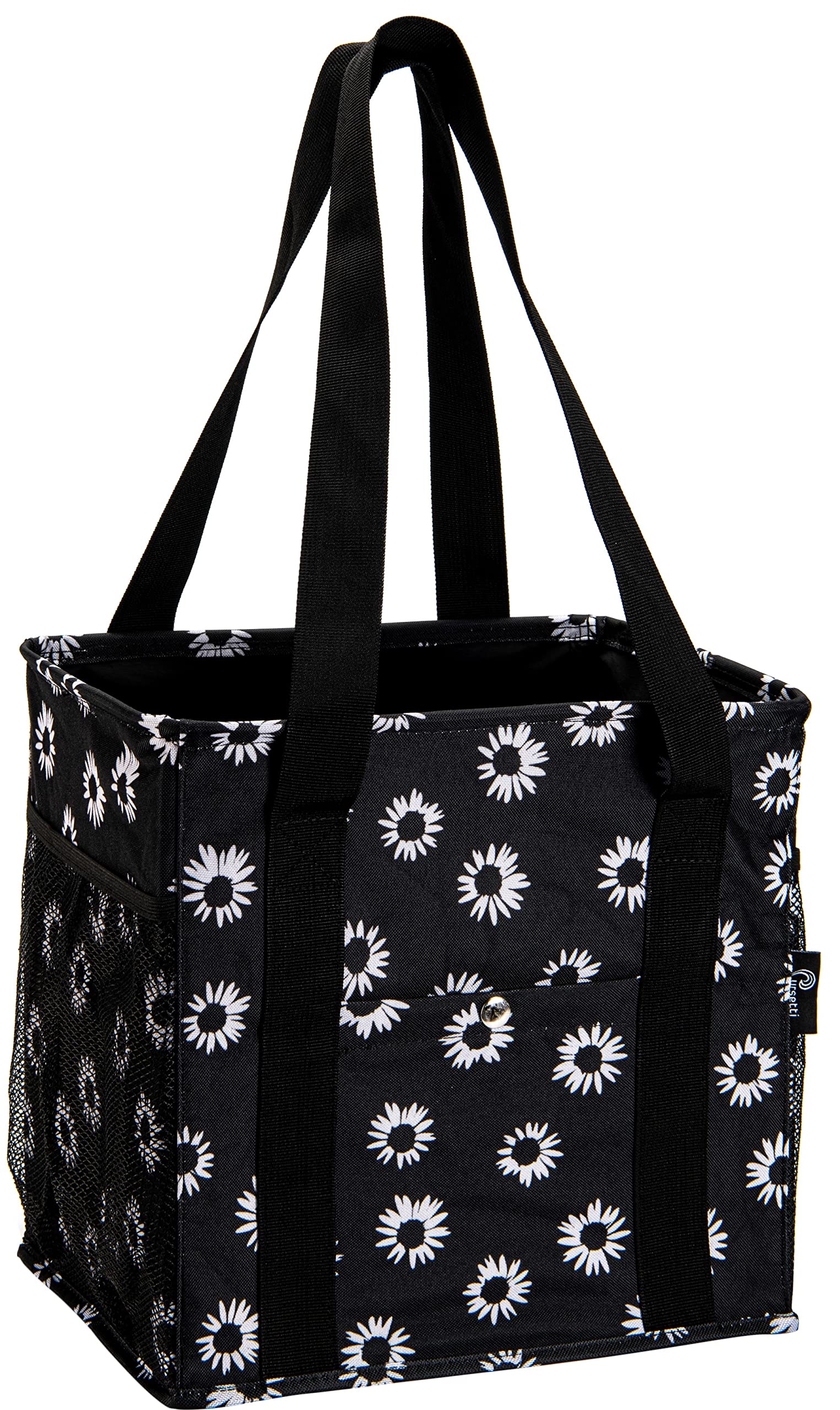 Stylish Small Utility Tote Bag for Women with 4 Exterior Pockets - Versatile Reusable Shopping Bag for Groceries, Work, Lunch, Teachers & Nurses - Perfect for Office, School, Hospital & Daily Errands (Black Daisy Floral Design)