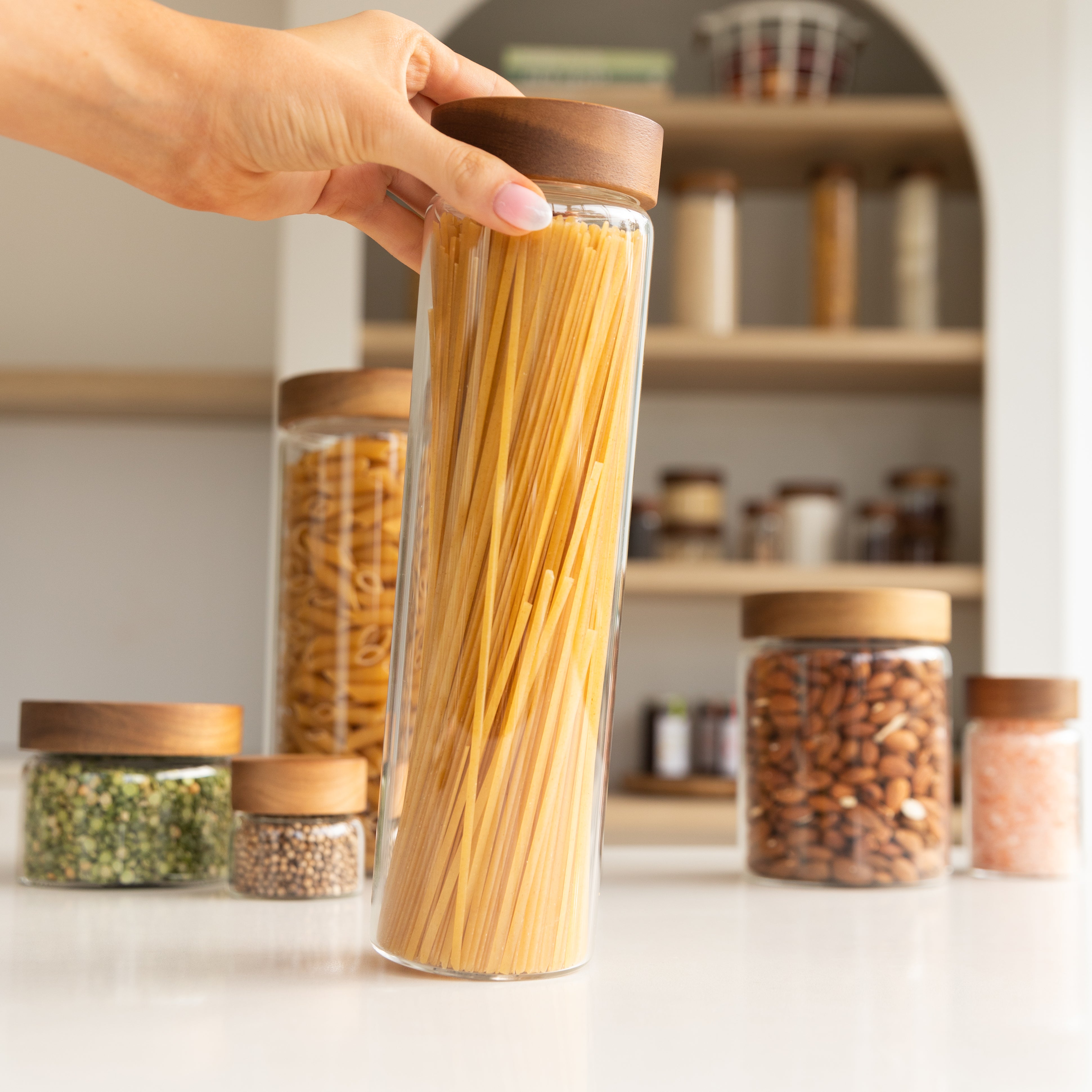 Premium Acacia Wood & Glass Pasta Storage Jar - 1.2L Capacity | Airtight Kitchen Organizer for Spaghetti, Penne & Dry Food | Perfect for Pantry, Restaurant & Home Kitchen Organization
