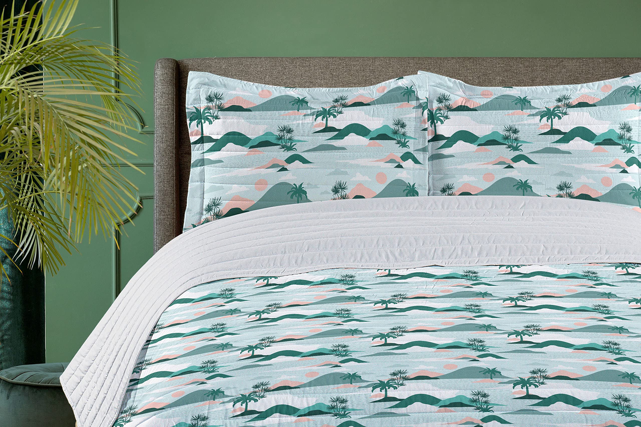 Ambesonne Hawaii King Size Microfiber Bedspread Set - Soft Pastel Palm Tree Beach Design with Pillow Shams & Comforter in Teal Blush | Tropical Bedroom Decor for Coastal & Vacation Style Homes