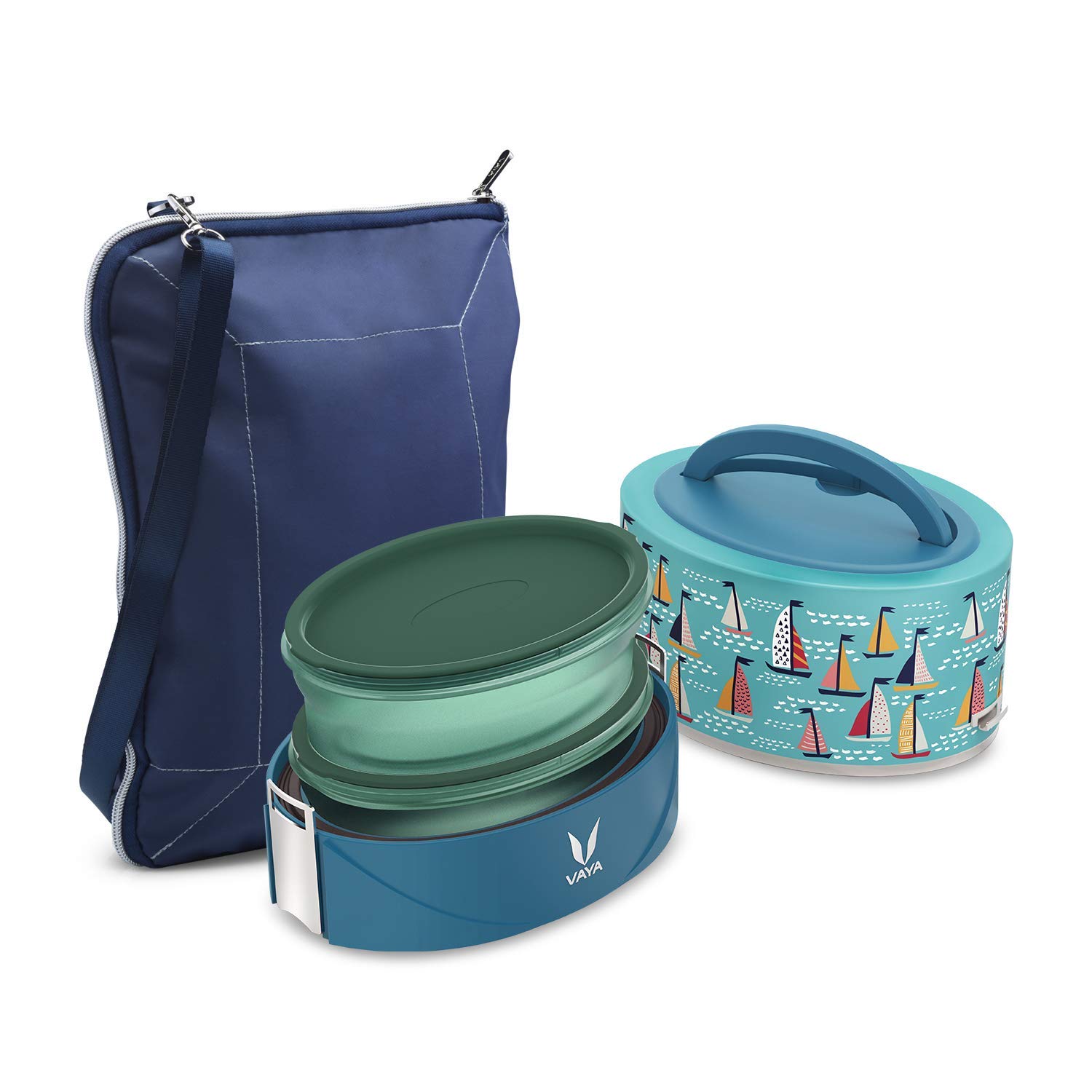Vaya Tyffyn Flex 600 - Stainless Steel Insulated Tiffin Box with Microwave Safe BPA-Free Plastic Lunch Containers | Includes Shoulder Bag, Table Mat & Cutlery Pouch | Perfect for School, Office, Picnics & Travel | 2 Compartments | Sail Color | Ideal for Kids & Adults Lunch Storage