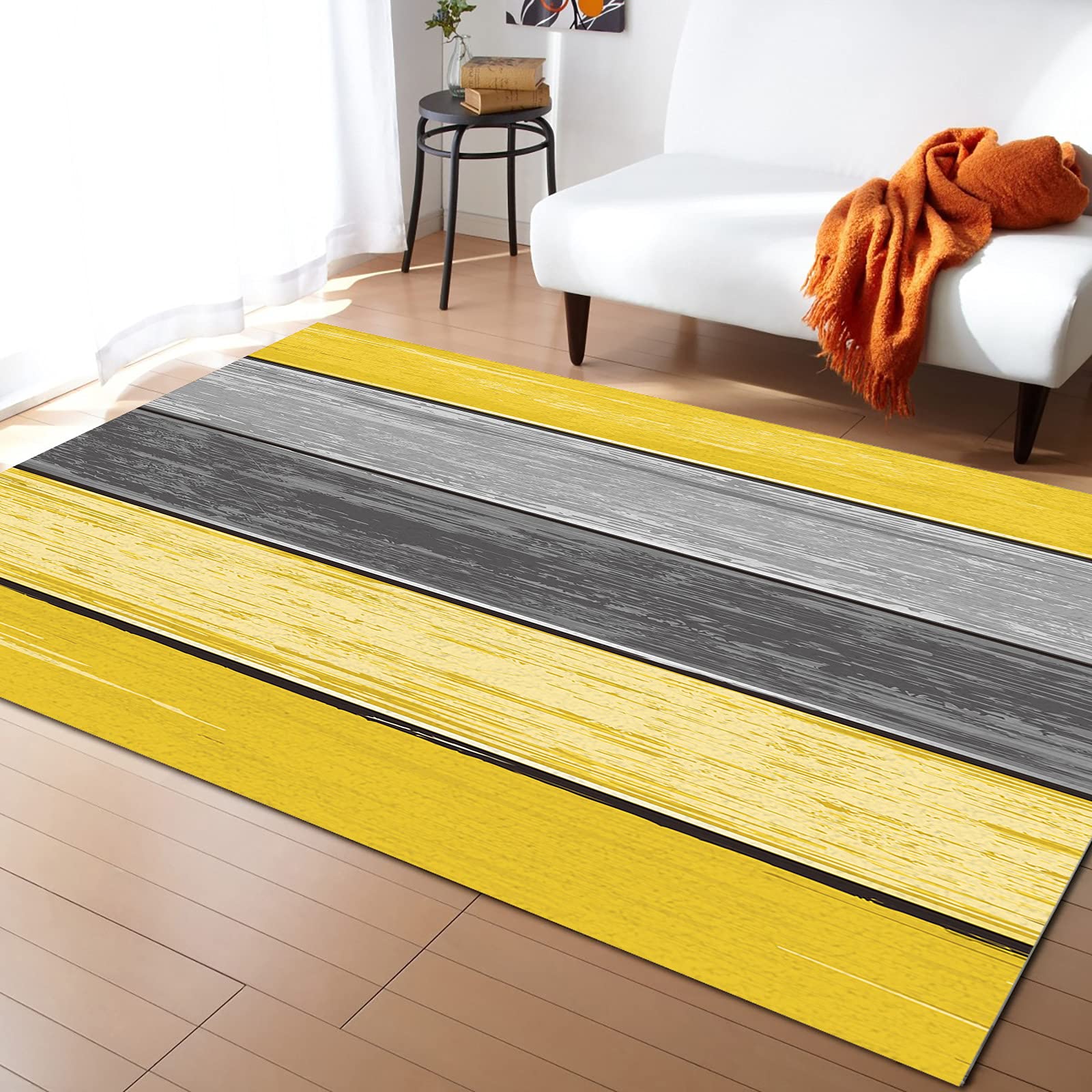 5' x 7' Large Area Rugs - Ombre Farm Yellow & Gray Stripes Wooden Grain Texture Throw Carpet for Nursery, Living Room, Bedroom | Soft Floor Covering for Kids Room, Modern Kitchen Runner Mat - Perfect for Home Decor & Cozy Spaces