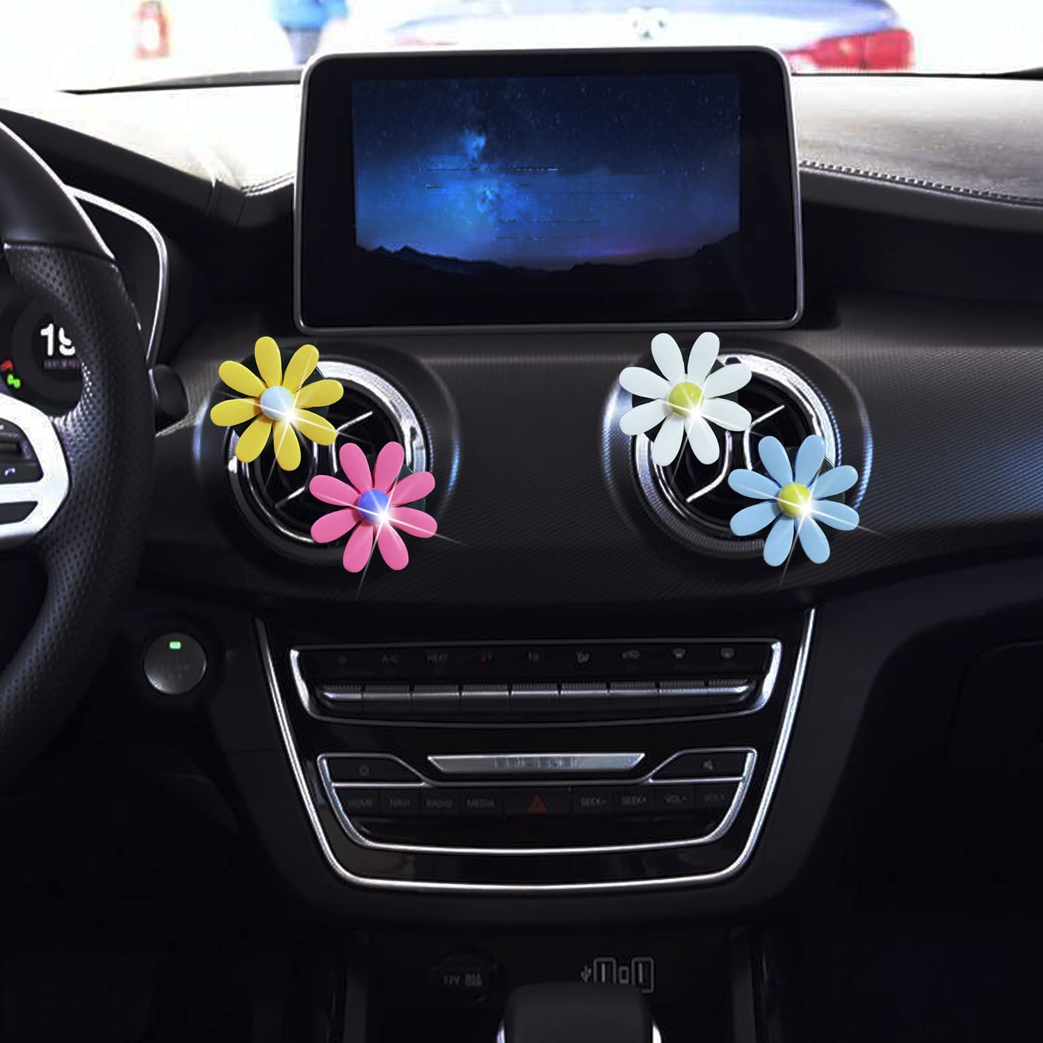 4Pcs Cute Daisies Car Air Freshener Vent Clips - Floral Car Decor Accessories for Women & Girls, Automotive Interior Trim, Perfect for Everyday Commute & Road Trips