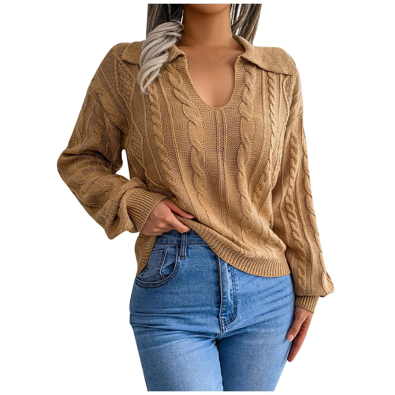 JJHAEVDY Women's Long Lantern Sleeve Blouse - Waffle Knit Flowy Top with Frill Trim, Solid Color Sweater Shirt for Casual Wear & Office Outfits
