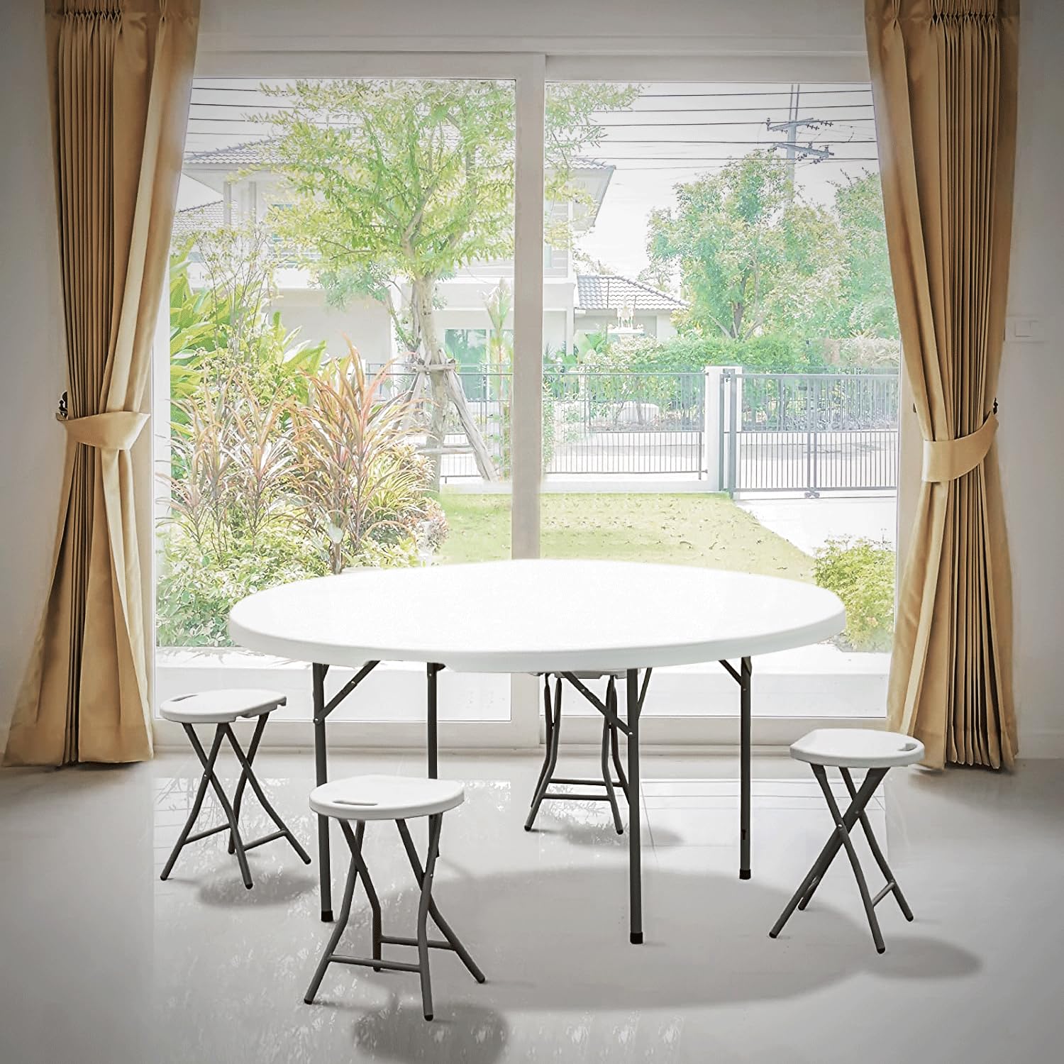 MoNiBloom 5Ft Round Folding Table - Indoor Outdoor Plastic Dining Card Table with Handle & Lock - Portable Picnic Party Banquet Wedding Table (White Top, Gray Legs) - Perfect for Backyard BBQs, Camping & Home Gatherings