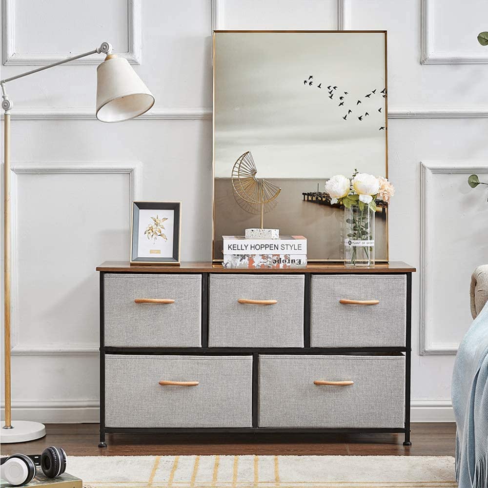 AUVZO 5-Drawer Dresser with Wood Top - Rustic Storage Tower for Bedroom, Living Room, Nursery & Hallway - Light Grey Chest of Drawers for Clothes, Toys & Home Organization