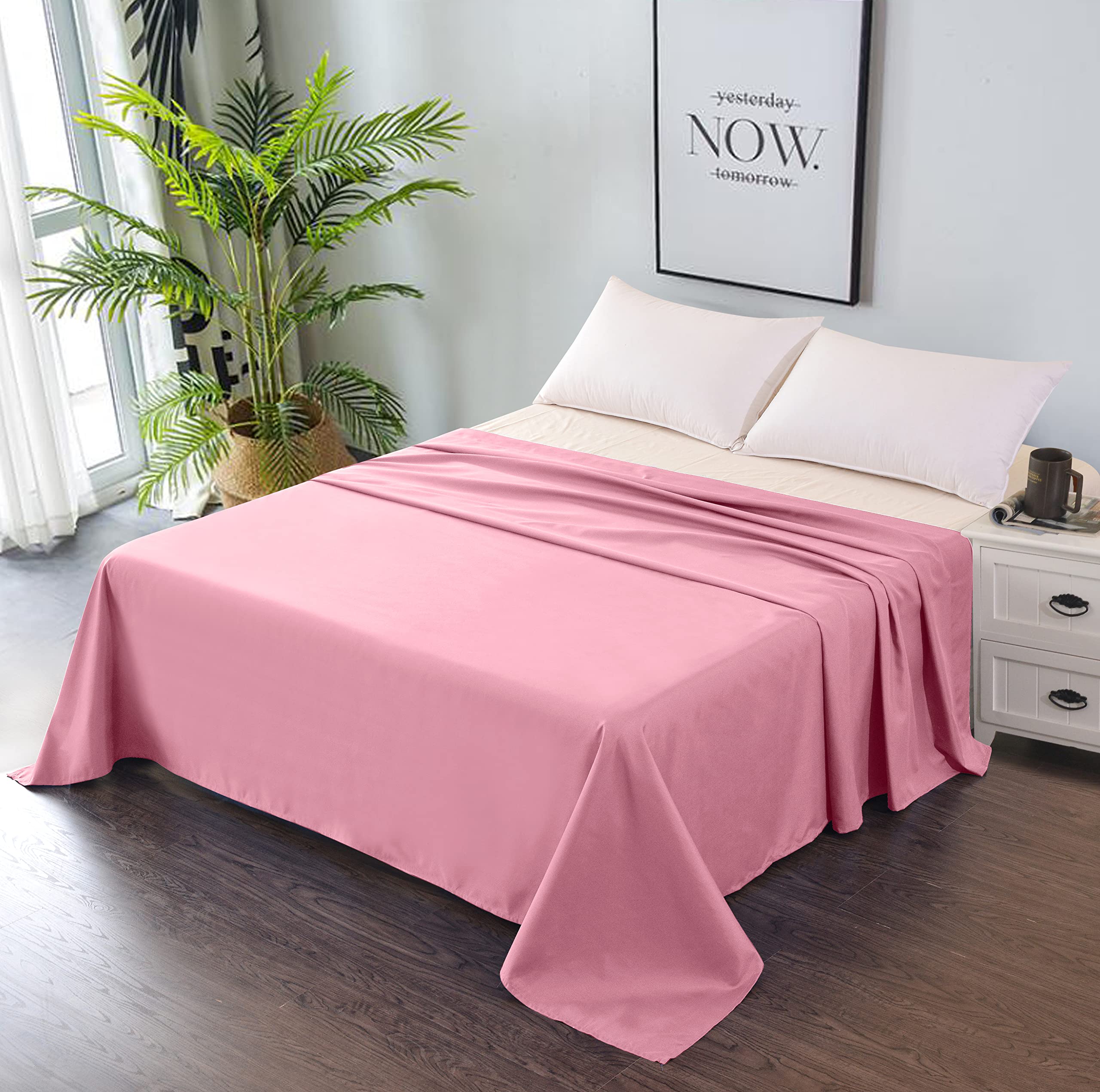Premium Queen Size Bed Flat Sheet - Ultra Soft & Breathable Cotton Top Sheet - Easy Care & Machine Washable - Rose Pink - Perfect for Hotels, Guest Rooms & Cozy Bedroom Decor