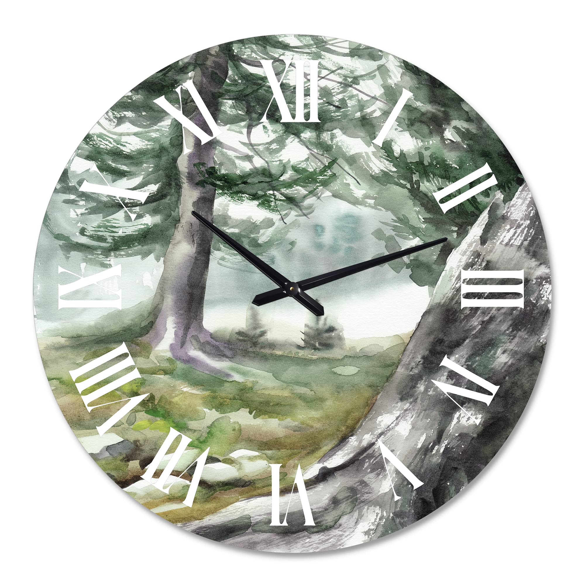 DesignQ Lake House Wall Clock - 'Pine Forest in The Early Morning' Large Nature Landscape Wall Clock for Bedroom, Living Room & Office Decor | Perfect Rustic Home Décor for Cabin, Farmhouse & Lake House