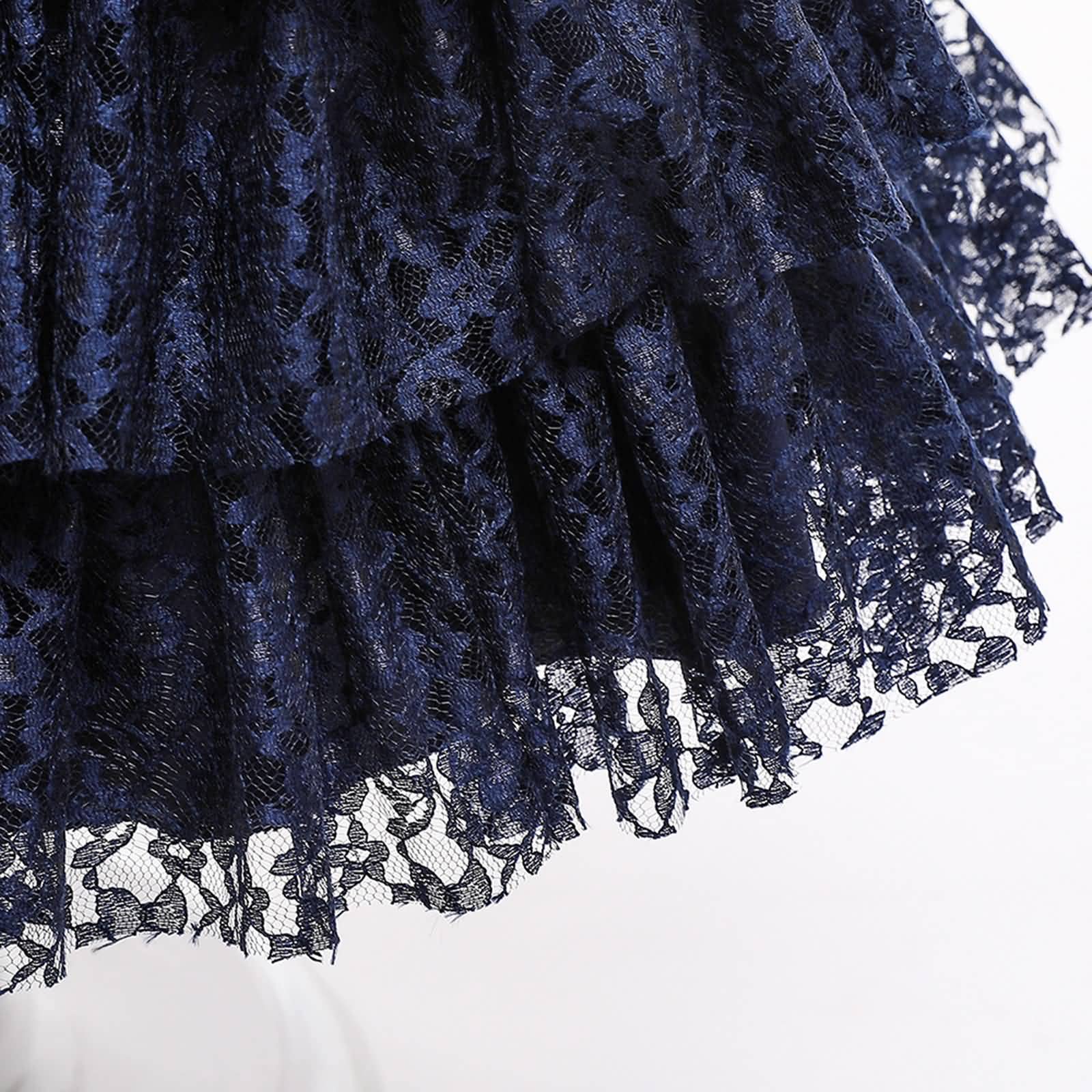 Gualiy Girls Navy Blue Lace Puffy Dress with Flower & Tie Waist - Birthday Party Gown for Ages 4-10 Years | Perfect for Special Occasions, Photoshoots & Formal Events
