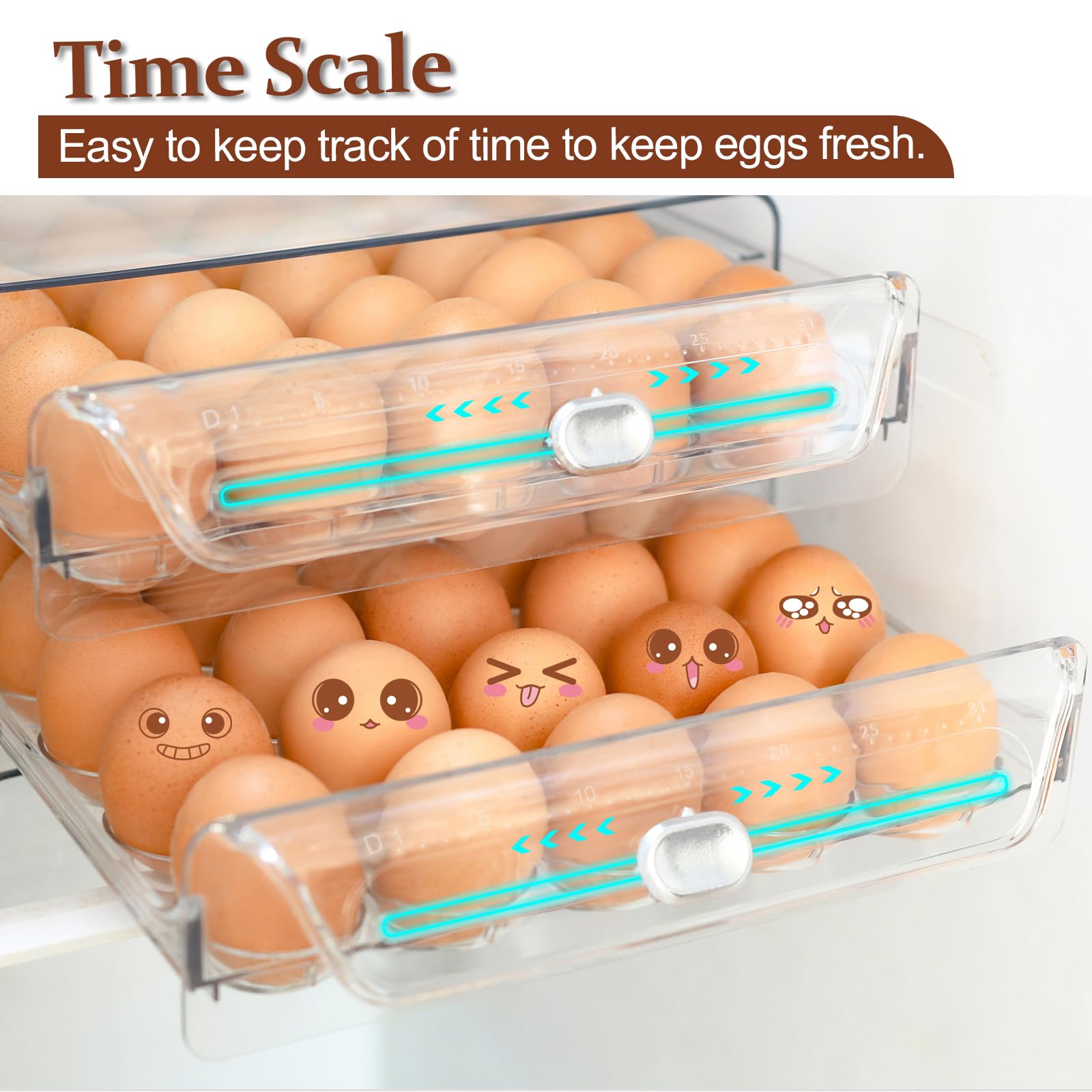 2-Tier Stackable Egg Holder for Refrigerator - Clear Plastic Egg Storage Container with 60-Capacity & Time Scale - Perfect for Fridge, Countertop, Pantry Organization - Ideal for Home Kitchen, Breakfast Meal Prep & Farm Fresh Egg Storage