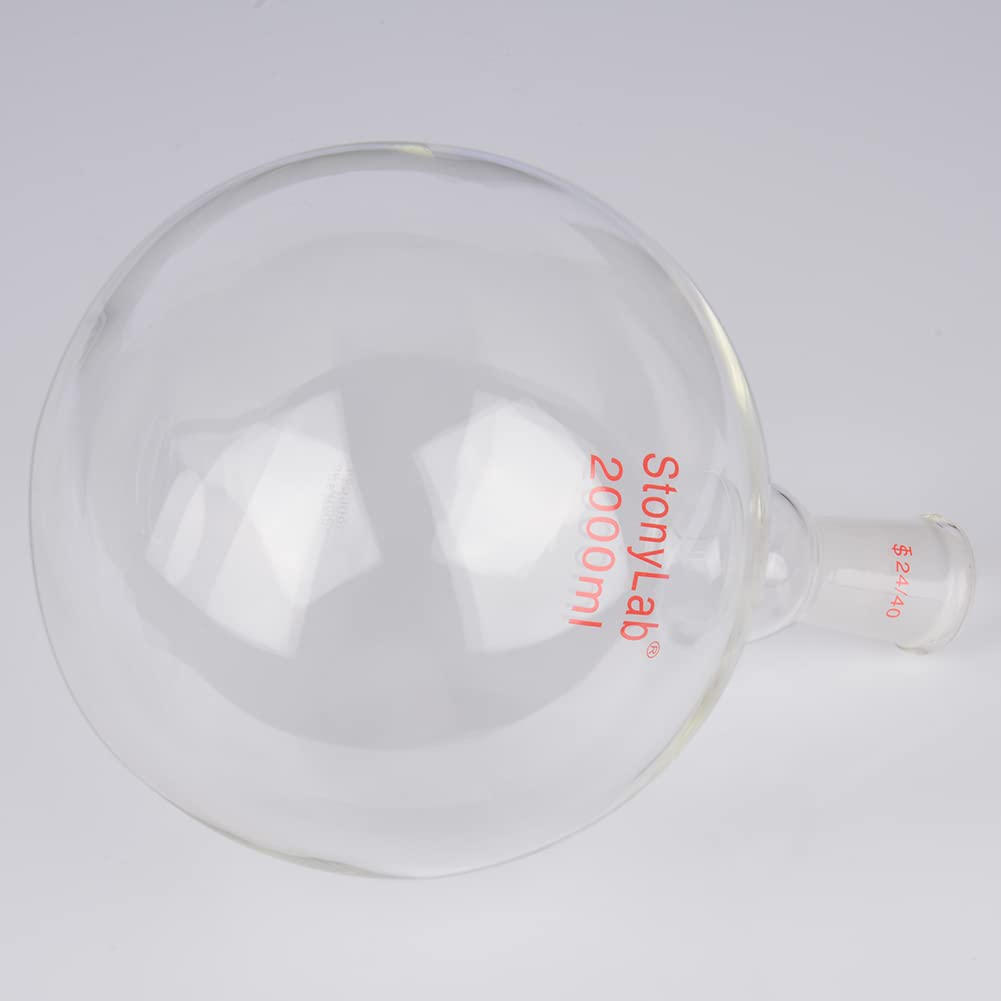 StonyLab 2000ml Borosilicate Glass Short Neck Round Bottom Flask - Heavy Wall Single Neck RBF with 24/40 Standard Taper Joint - Ideal for Chemistry Lab, Distillation & Scientific Experiments