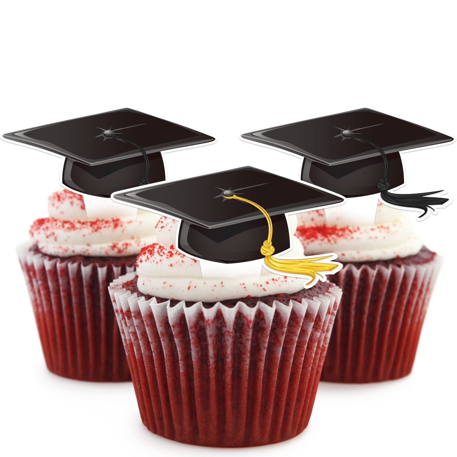 2024 Graduation Cap Cupcake Toppers - 48 Pack with Yellow & Black Tassels for Grad Party Decorations | Perfect for Graduation Cakes, Cupcakes & Dessert Table Displays