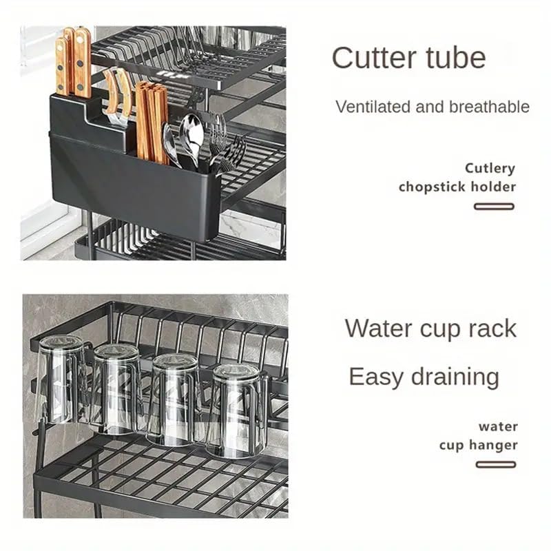 CBEX 3-Tier Stainless Steel Dish Drying Rack with Drain Tray - Space Saving Kitchen Countertop Organizer for Plates, Bowls & Utensils | Perfect for Small Kitchens, Apartments & RV Use