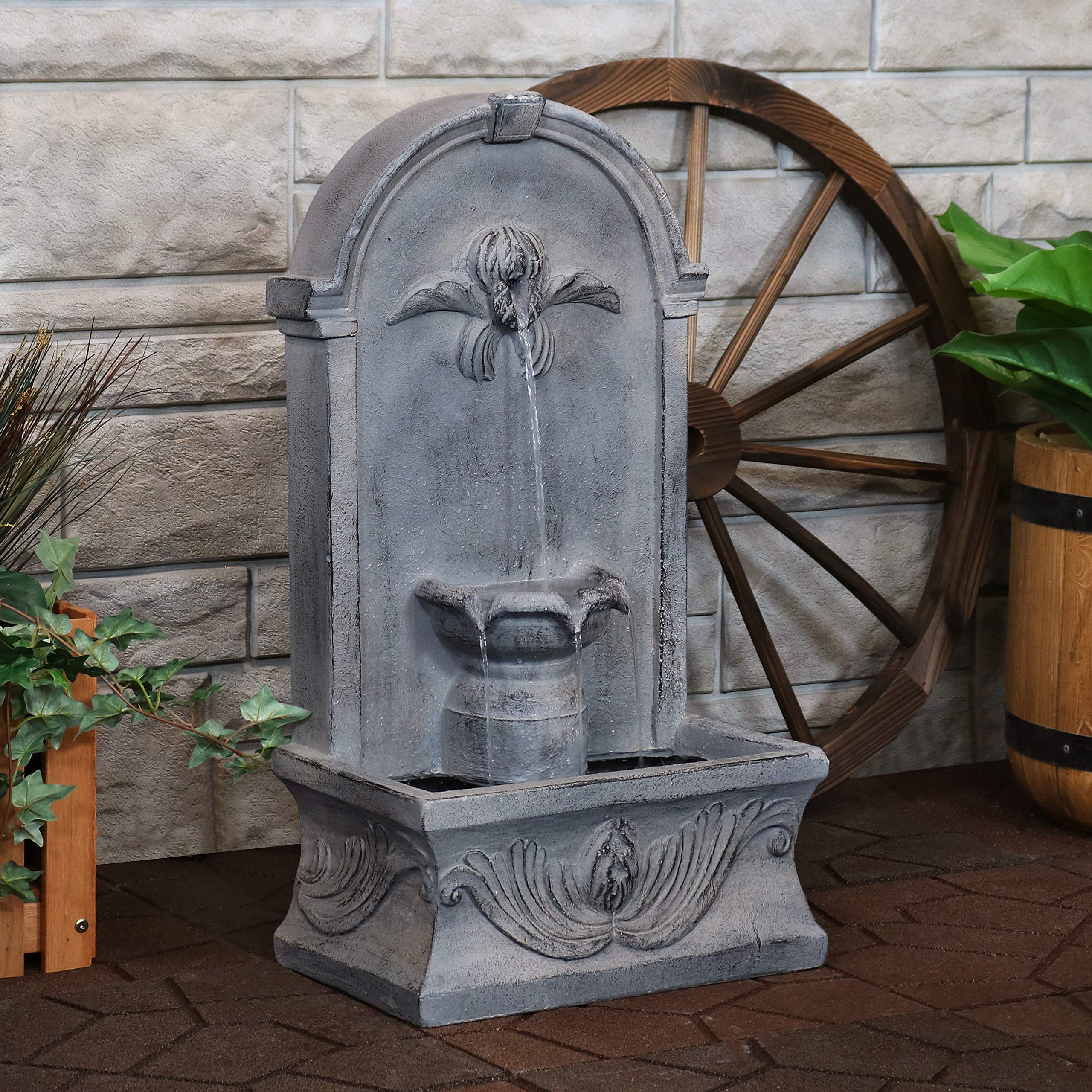 28-Inch French-Inspired Outdoor Flat Back Water Fountain - Durable Glass Fiber Reinforced Concrete - Perfect for Garden, Patio, and Backyard Decor