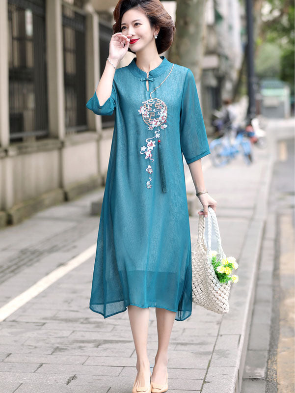 Elegant Pink & Blue Embroidered Chiffon Cheongsam QiPao Dress for Women - Perfect for Weddings, Parties & Cultural Events