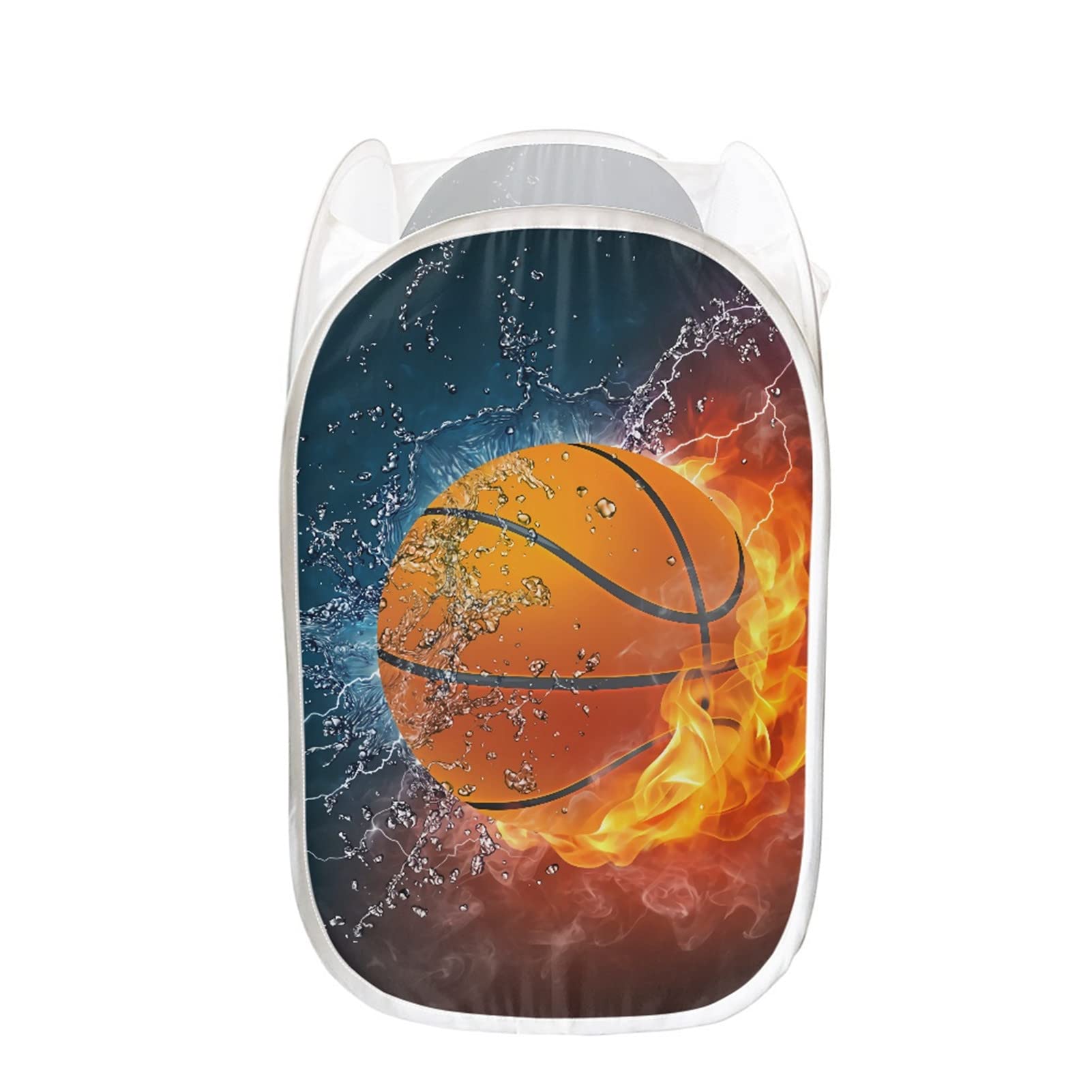 Frestree Large Collapsible Pop-Up Laundry Basket - Water & Fire Basketball Design Dirty Clothes Hamper for Bedroom, Living Room & College Dorm - Portable Washing Bin & Toys Organizer Bag (Orange) - Perfect for Sports Fans, Kids' Rooms & Small Space Storage