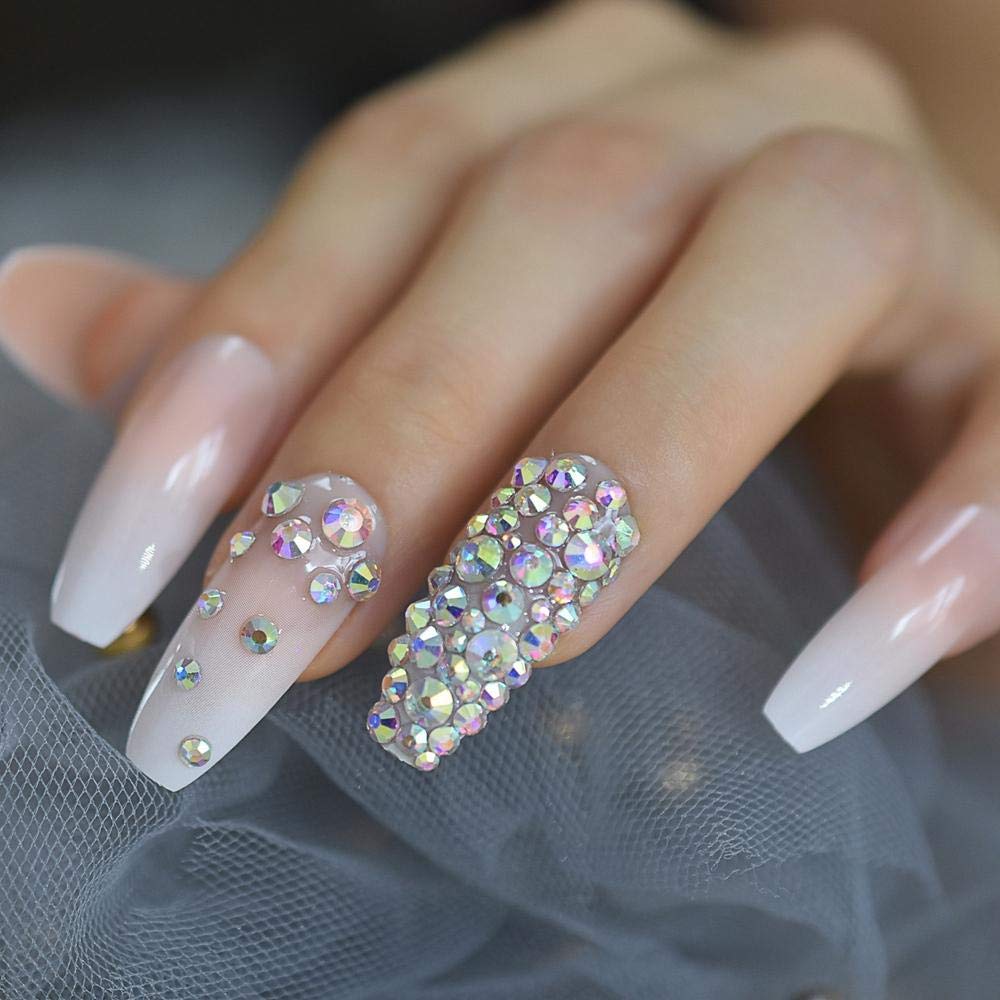 3D Stone Rhinestone Gradient Pink French Press-On Fake Nails - Extra Long Coffin Shape False Nails for Women, Natural Look for Parties, Weddings & Special Occasions