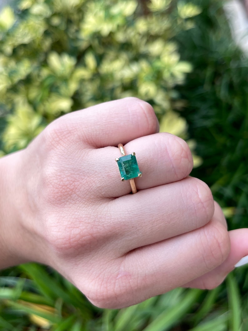 2.55ct 18K Natural Emerald Cut Bluish Green Medium Dark Green East to West Engagement Ring for Women - Vintage Inspired Wedding Band, Anniversary Gift, Proposal Jewelry for Her