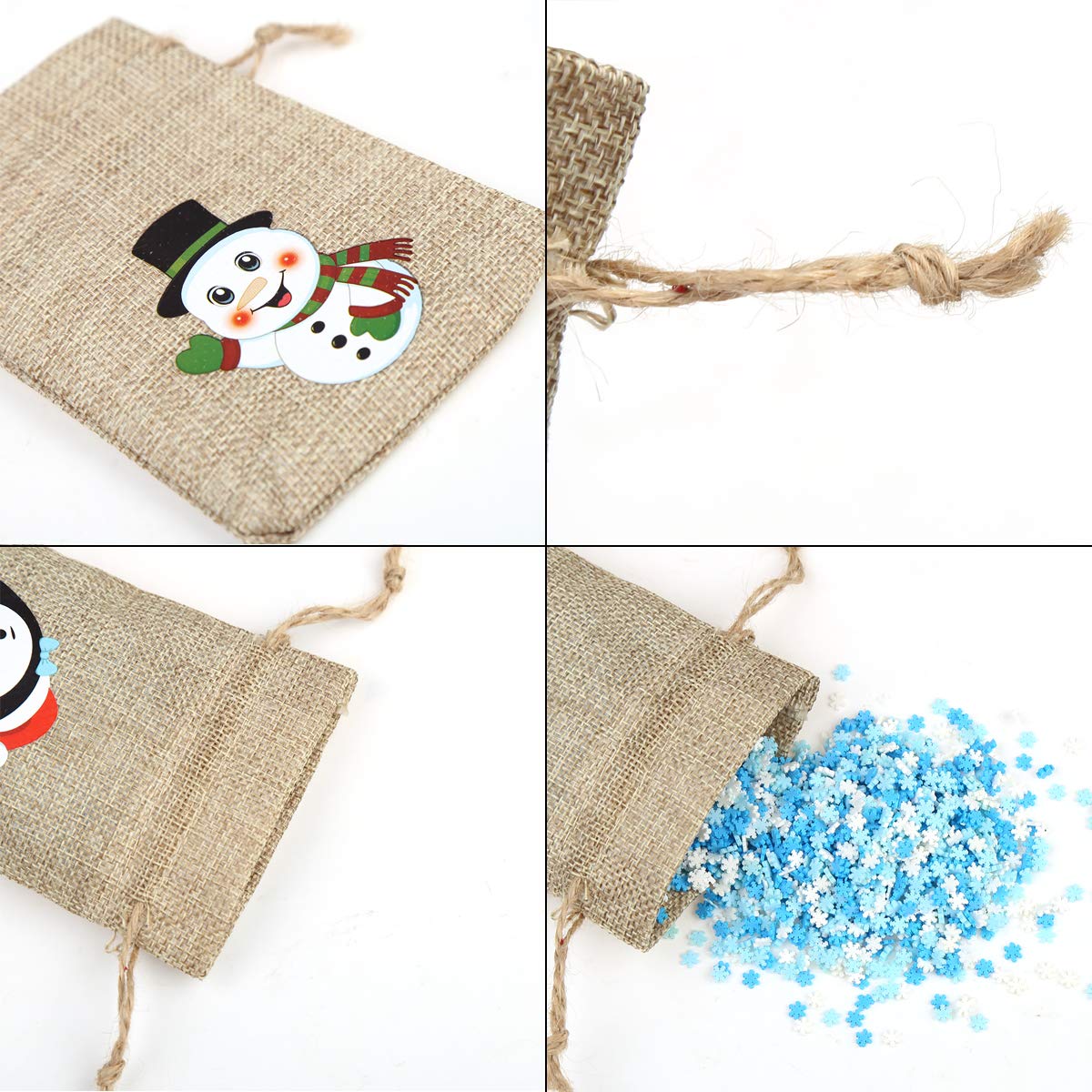 CCINEE 36-Piece Christmas Linen Gift Bags with Drawstrings - Set of 4 Festive Designs (Snowman, Santa, Penguin & Elk) - Reusable Burlap Goodie Bags for Holiday Party Favors, Candy, Treats & Small Gifts