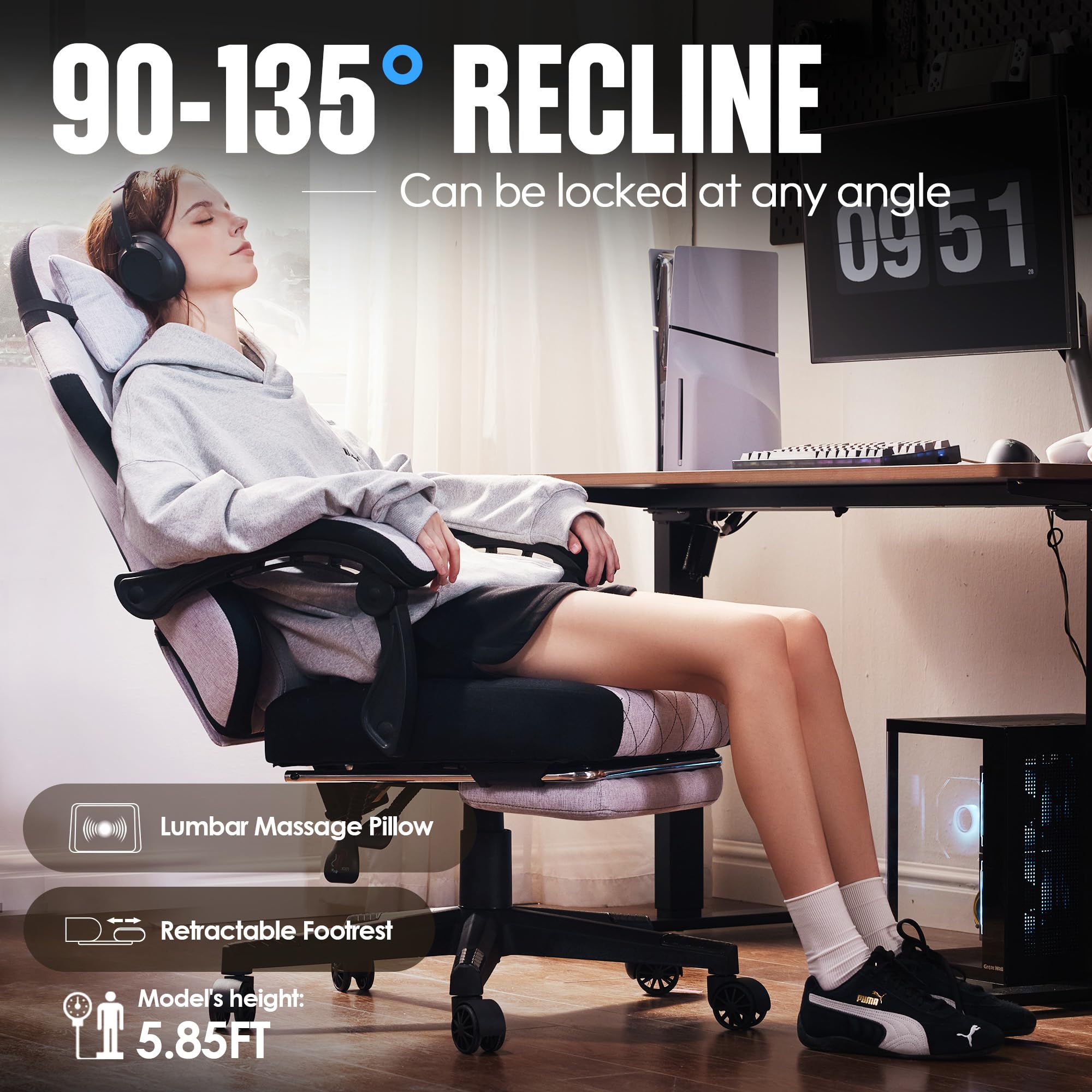 Dowinx Ergonomic Gaming Chair with Pocket Spring Cushion & Lumbar Support - High Back Office Computer Chair with Footrest for Adults - 300LBS Capacity Swivel Game Chair (Black/Gray) - Perfect for Home Office, Gaming Setup & Esports Tournaments