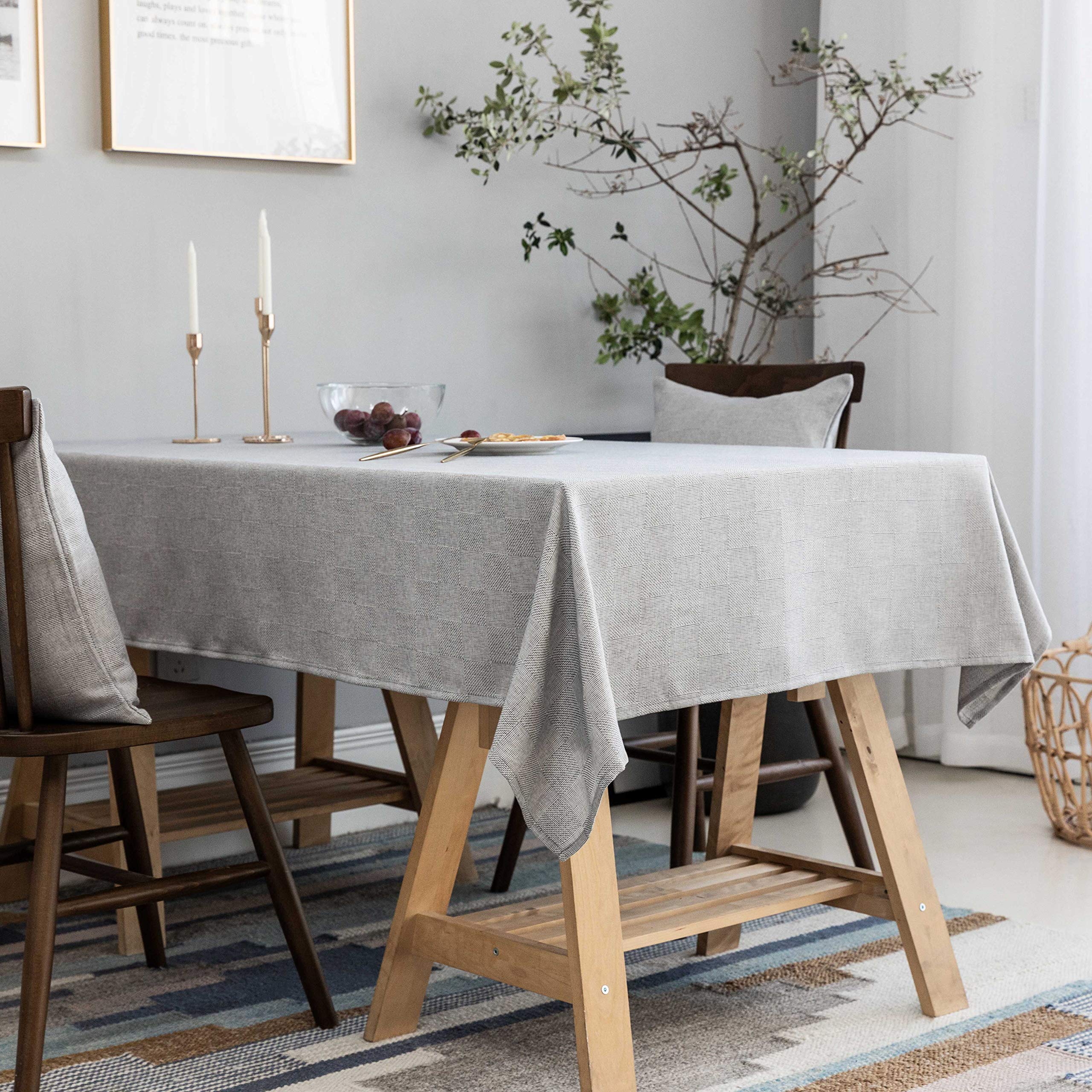 Farmhouse Checkered Tablecloth 52x72 Inch - Light Gray Solid Rectangular Table Cover for Indoor & Outdoor Dining, Parties, Picnics - Washable Cotton Linen Blend for Kitchen, Restaurant, and Event Decor