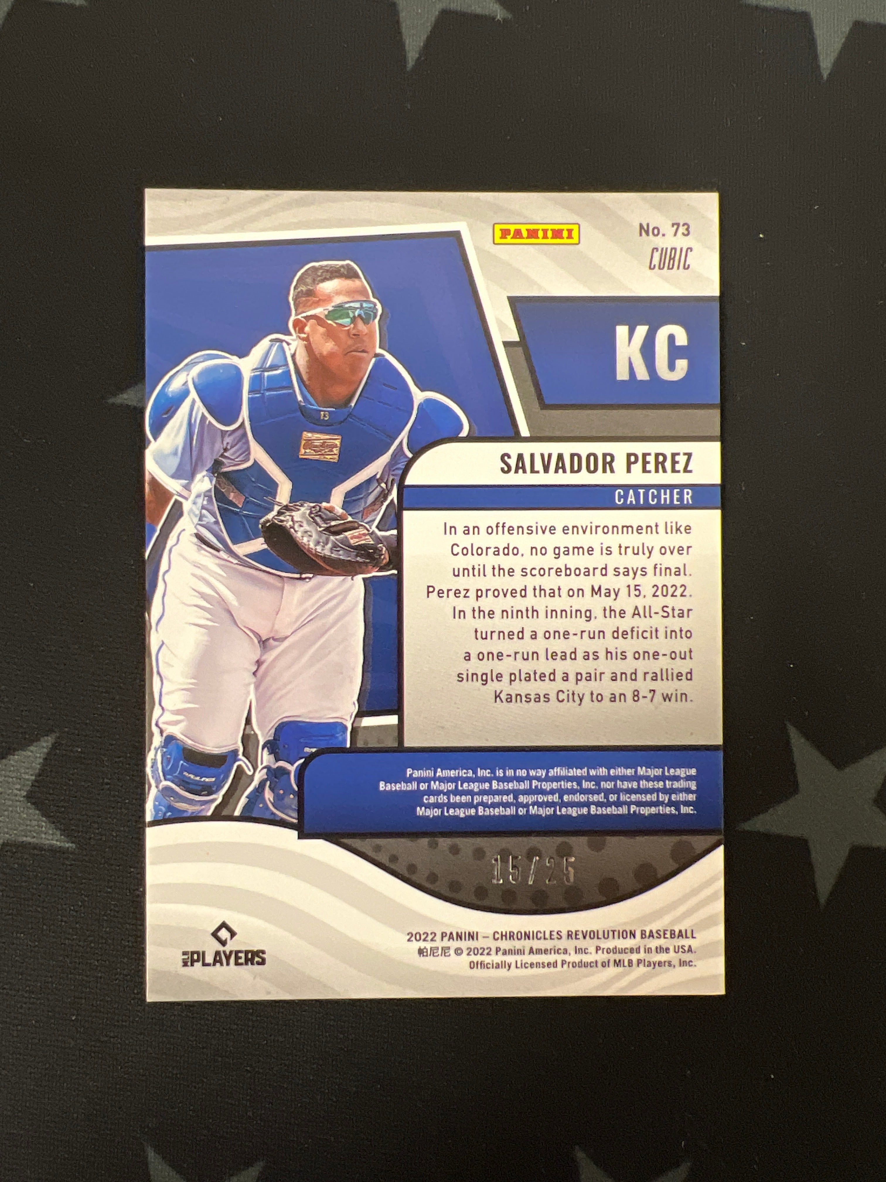 2022 Panini Chronicles Revolution Salvador Perez #73 Blue Cracked Ice /25 - Rare Baseball Trading Card for Collectors & Fans - Perfect for Display, Trading & Investment