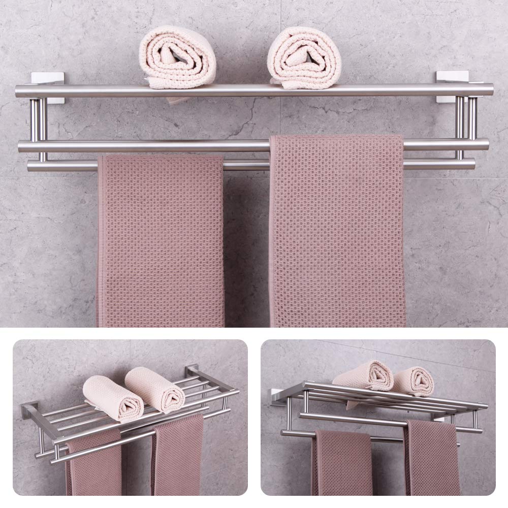 GERZWY 24-Inch Stainless Steel Bathroom Towel Rack with Double Bars - Wall Mounted Shelf Holder for Bath Towels & Hand Towels - Brushed SUS 304 Finish (AG1602B-LS) - Perfect for Modern Bathrooms, Spas & Powder Rooms