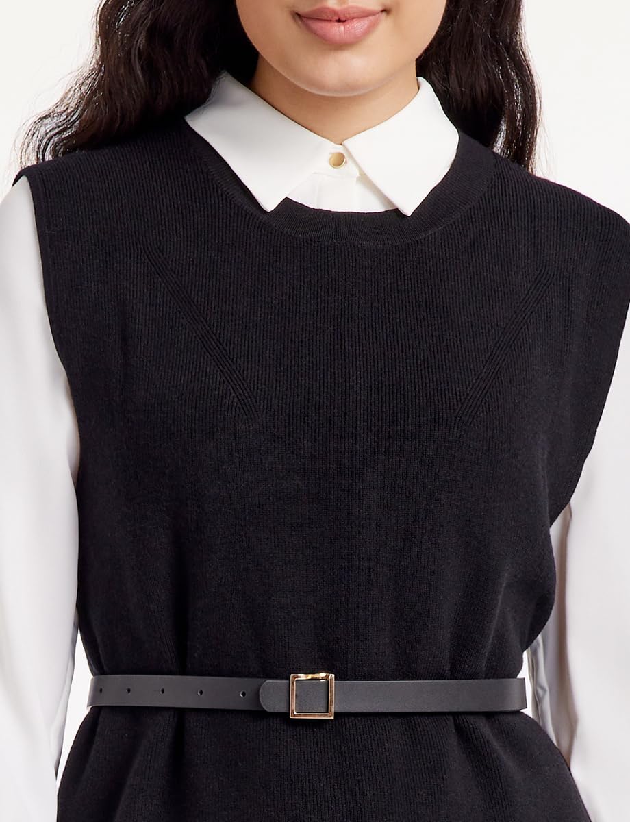 Women's 2-Piece Outfits - Black Sweater Vest Dress & White Shirt Dress Set with Belt | Casual Office Wear & Fall Fashion Outfit for Women