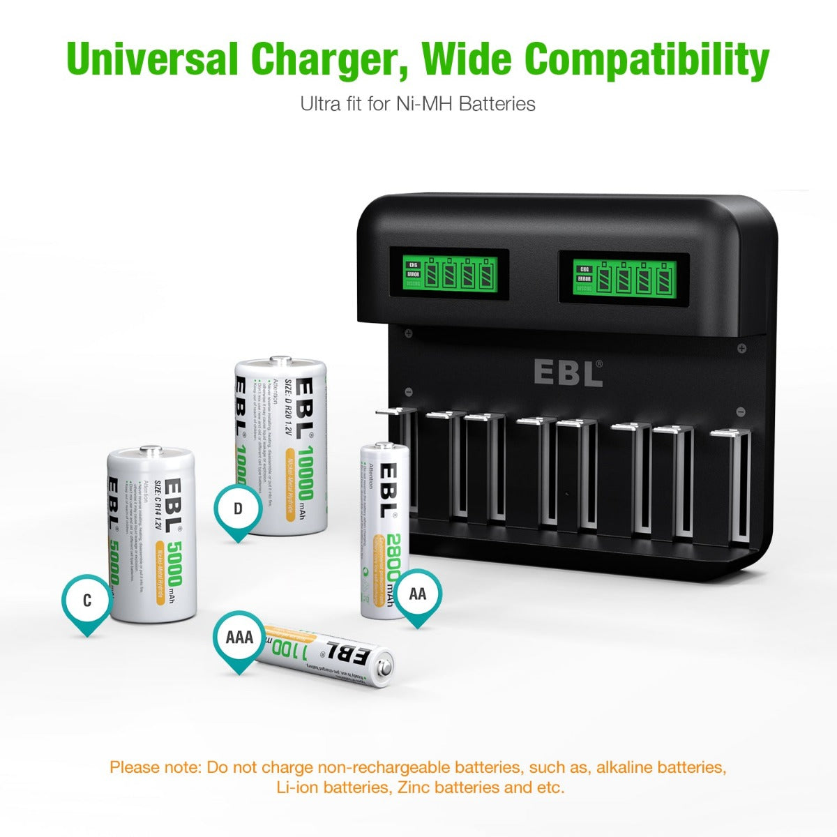 EBL C9008 8 Bay LCD Universal Battery Charger for AA AAA C D NiMH Rechargeable Batteries - Fast Charging for Home, Office, and Travel Use