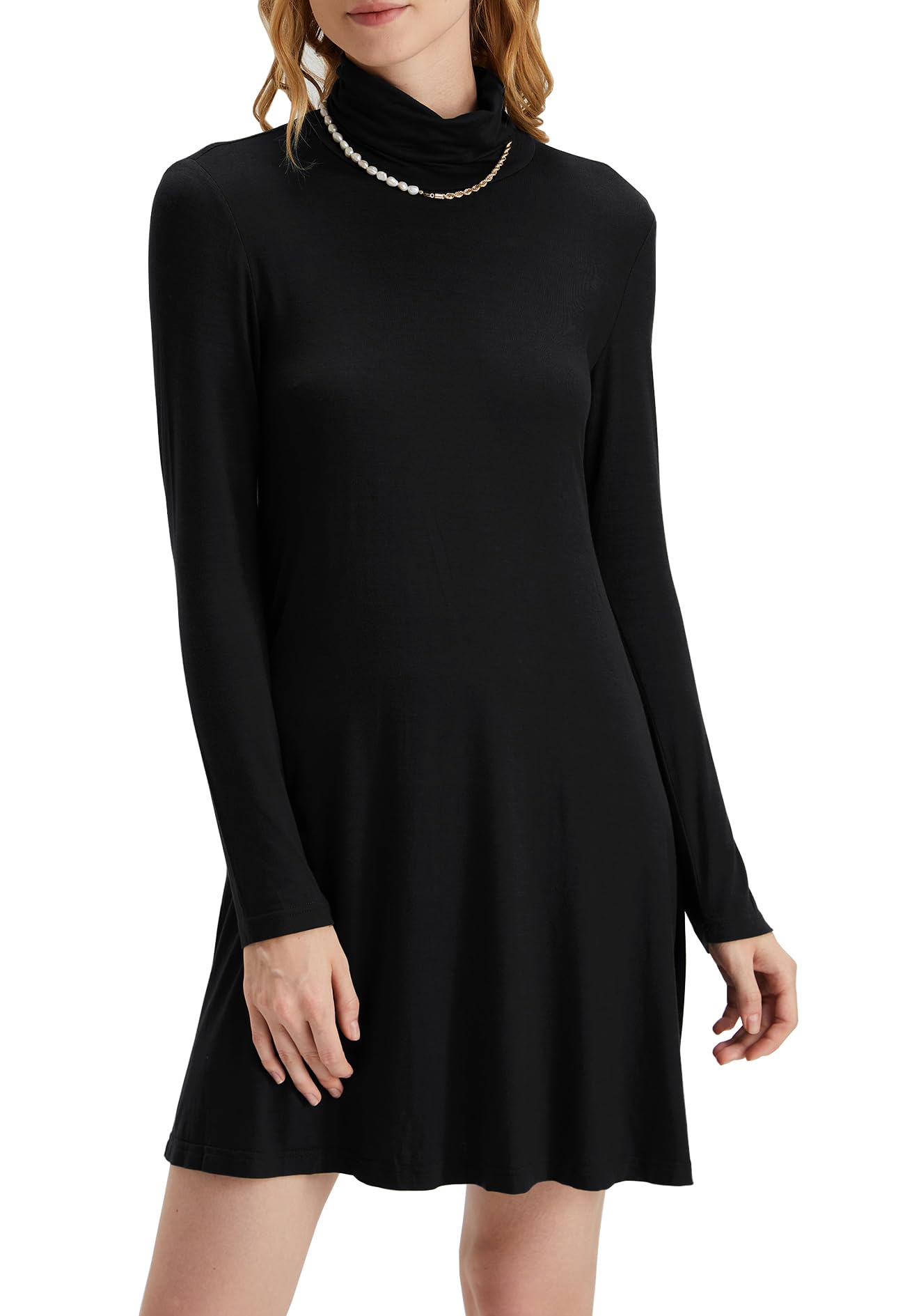 Women's Long Sleeve Turtleneck Casual Loose T-Shirt Dresses - Soft Comfortable Stretchy Fall Winter Tops for Work, Travel & Everyday Wear