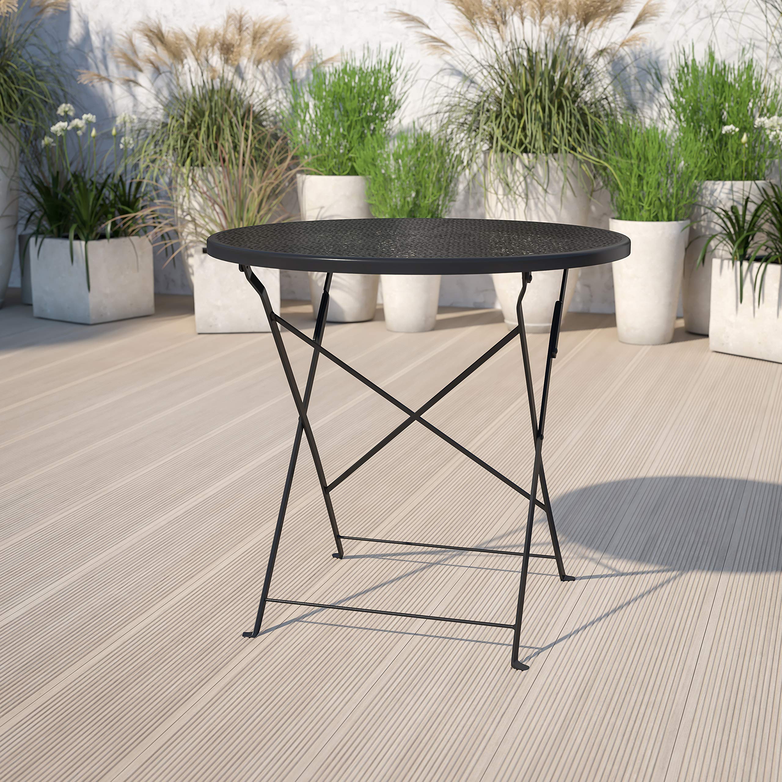 EMMA + OLIVER 30-Inch Round Black Steel Folding Patio Table - Commercial Grade Indoor Outdoor Dining Table for Restaurants, Cafes, and Backyard Gatherings