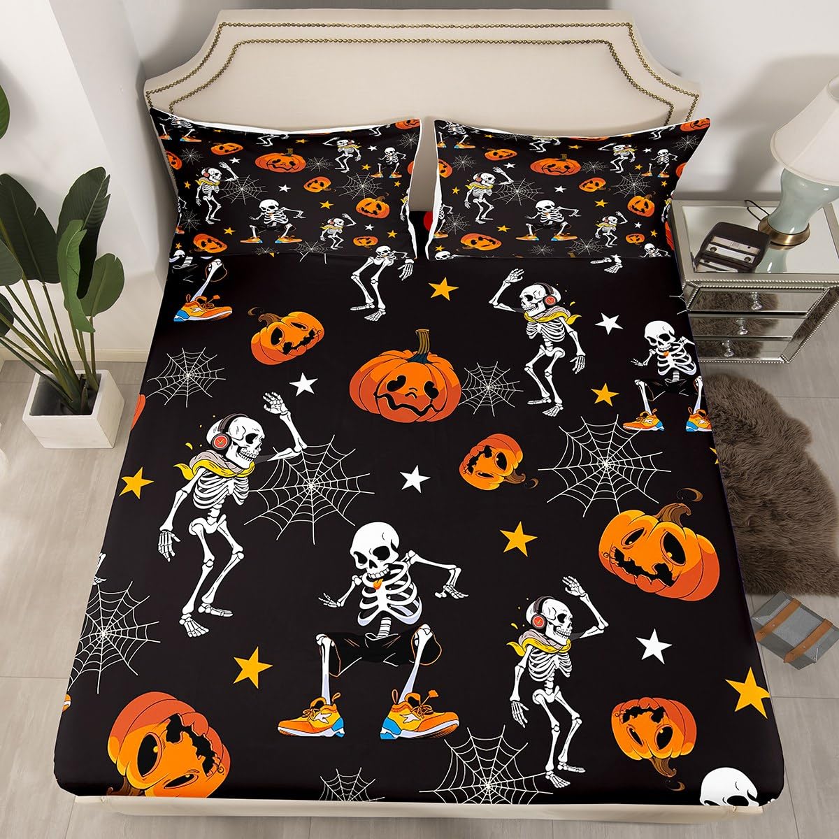 **Gothic Skull Bed Sheet Set Full Size - Halloween Skeleton Bedding for Boys, Teens & Men - Black Pumpkin, Spider Web & Stars Design - Fitted Sheet, Flat Sheet & 2 Pillowcases - Perfect for Spooky Bedroom Decor & Halloween Party Themes**