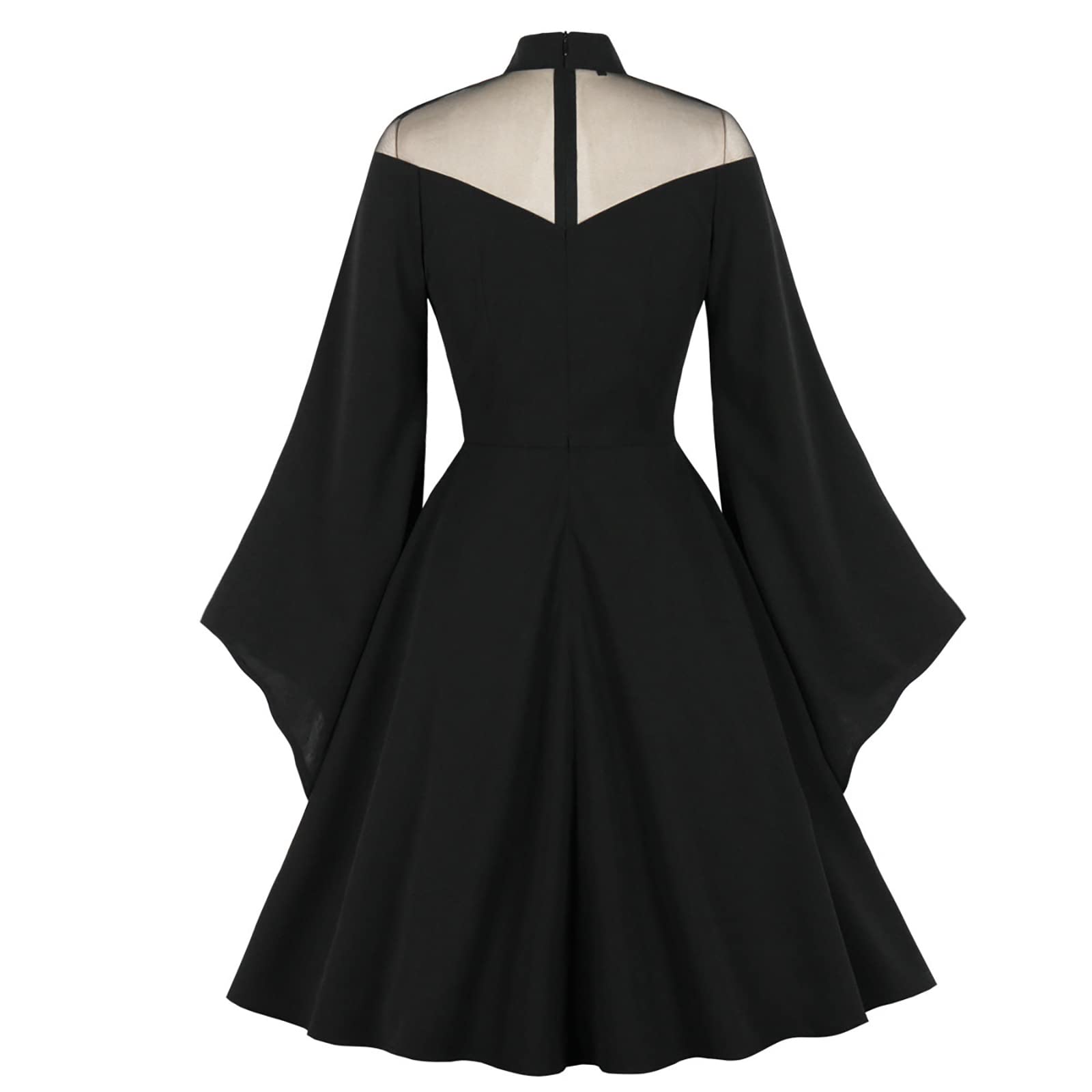 Gothic Retro Black Mesh Long Sleeve Emo Dress for Halloween, Evening Ball, and Vintage Themed Parties - Elegant Lace Detailing for Women's Gothic Fashion