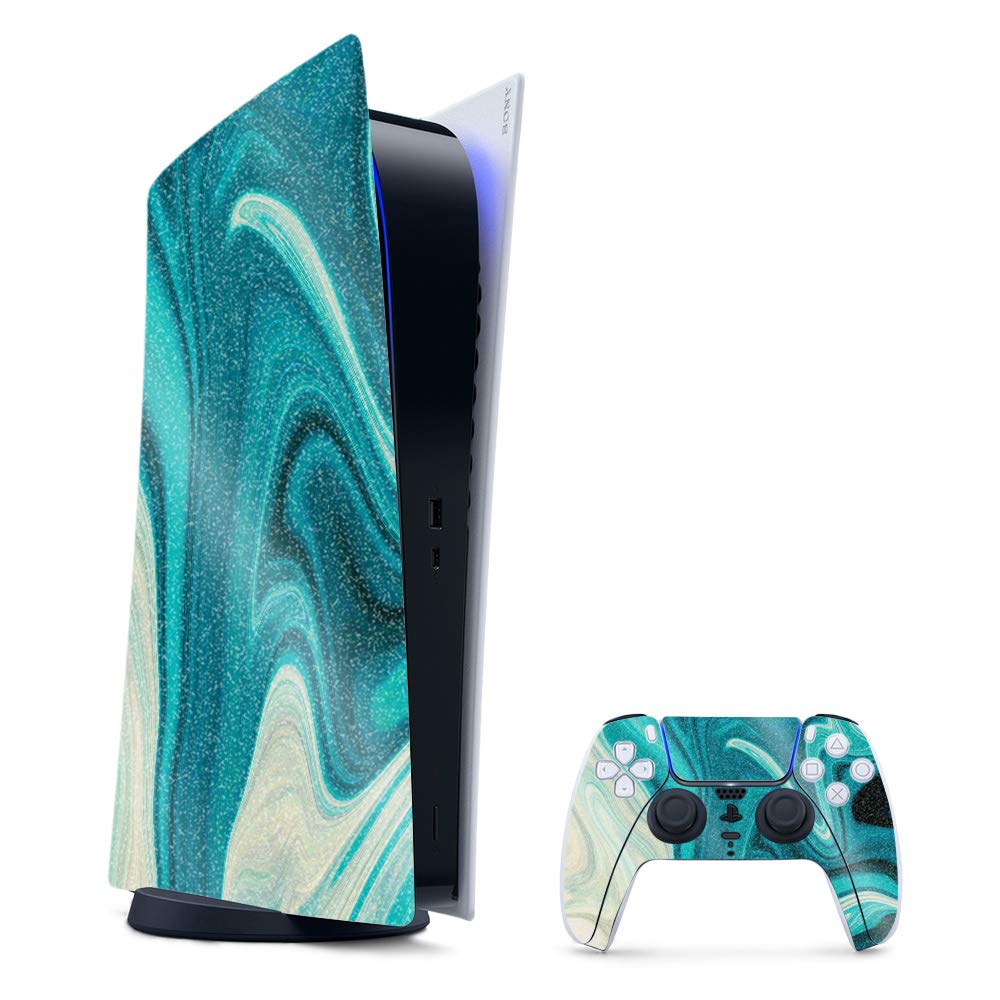 Glossy Glitter PS5 Skin - Aqua Swirl | Durable Gaming Cover for Playstation 5 Digital Edition | Easy to Apply | Made in USA | Perfect for Gaming Setup & Protection