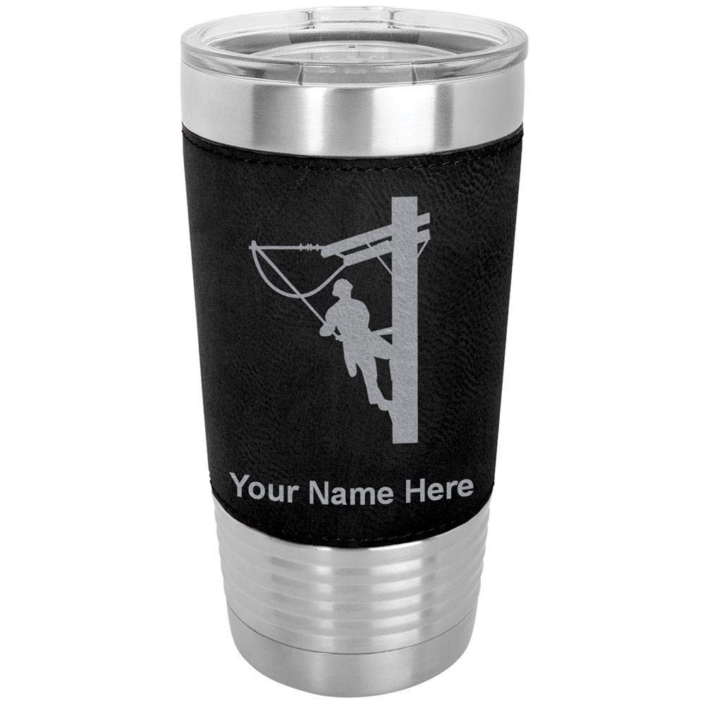 LaserGram 20oz Vacuum Insulated Stainless Steel Tumbler Mug with Lid - Personalized Engraved Gift for Linemen - Leakproof & Sweatproof for Work, Gym & Outdoor Activities (Faux Leather, Black)