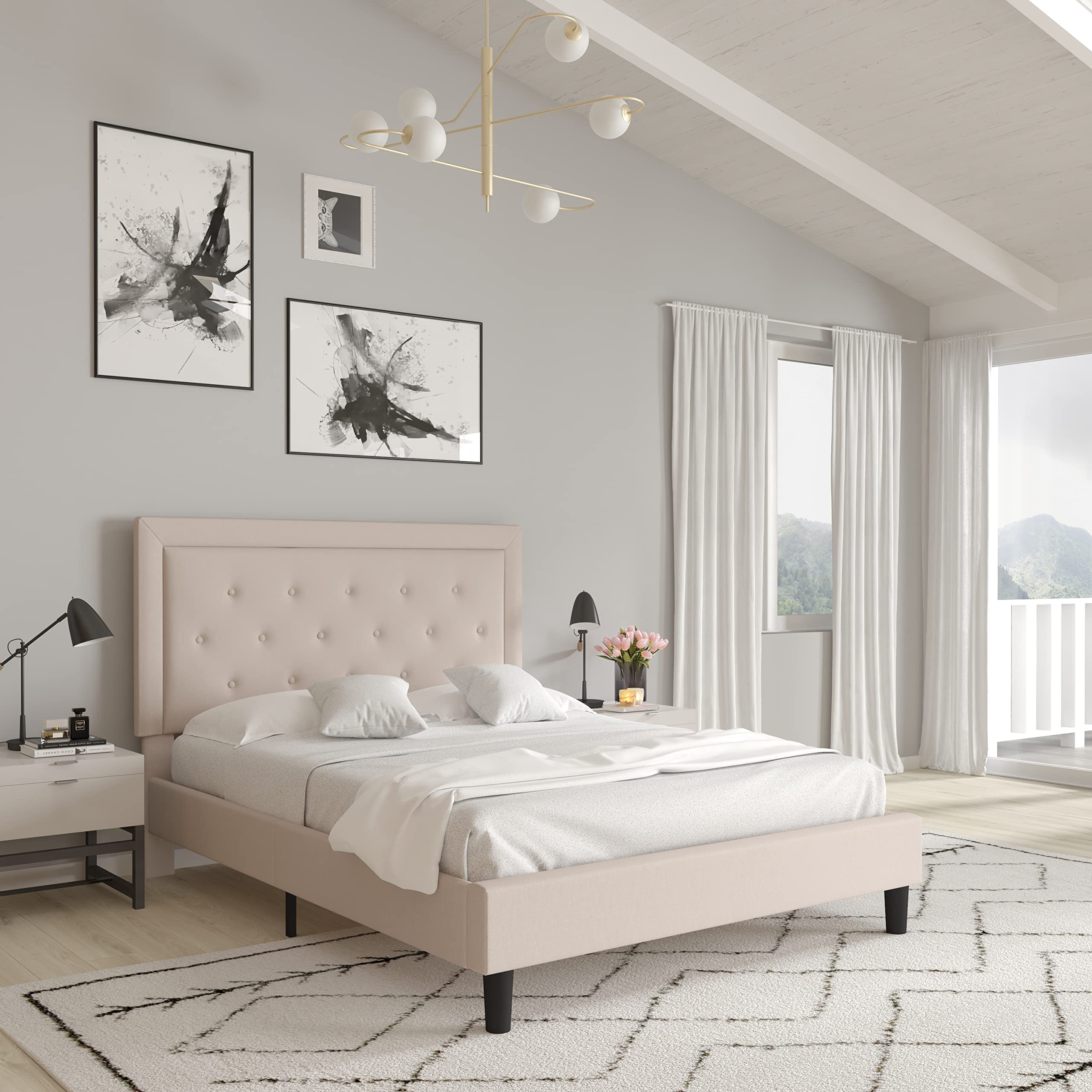 Merrick Lane Mallory Queen Size Upholstered Platform Bed with Tufted Headboard - Beige Fabric Bed Frame for Modern Bedroom Decor