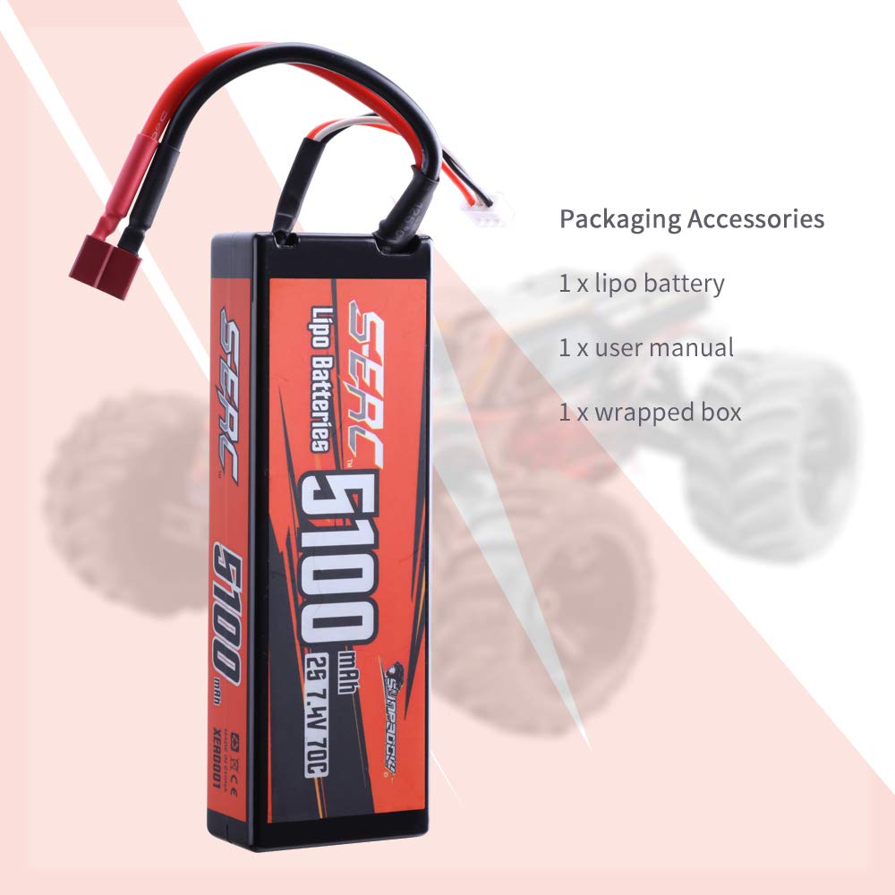 SUNPADOW 2S 7.4V 5100mAh 70C Lipo Battery with Deans T Connector - Rechargeable Hard Case Battery for 1/8 1/10 RC Cars, Trucks, Tanks & Buggies - Perfect for Off-Road Racing, Drifting and RC Vehicle Enthusiasts