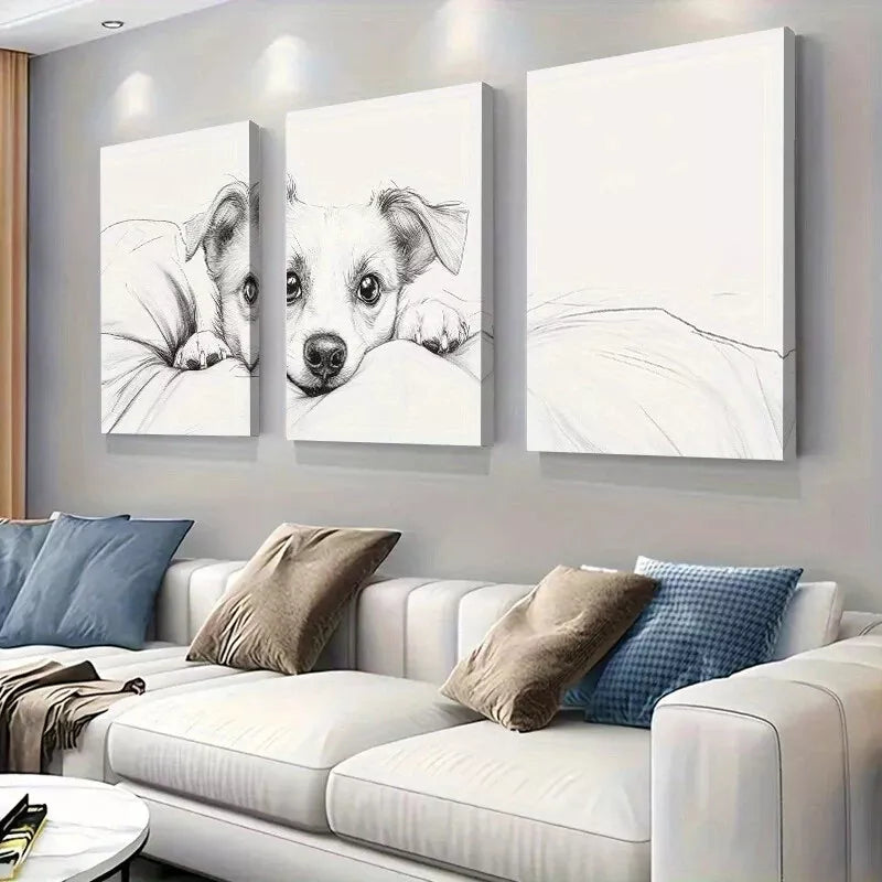 3-Piece Adorable Puppy Black and White Sketch Wall Art Set - Framed Canvas 40x60cm (16x24in) - High Quality Print - 100% Australian Made - Ready to Hang - Perfect for Living Room, Bedroom, or Office Decor