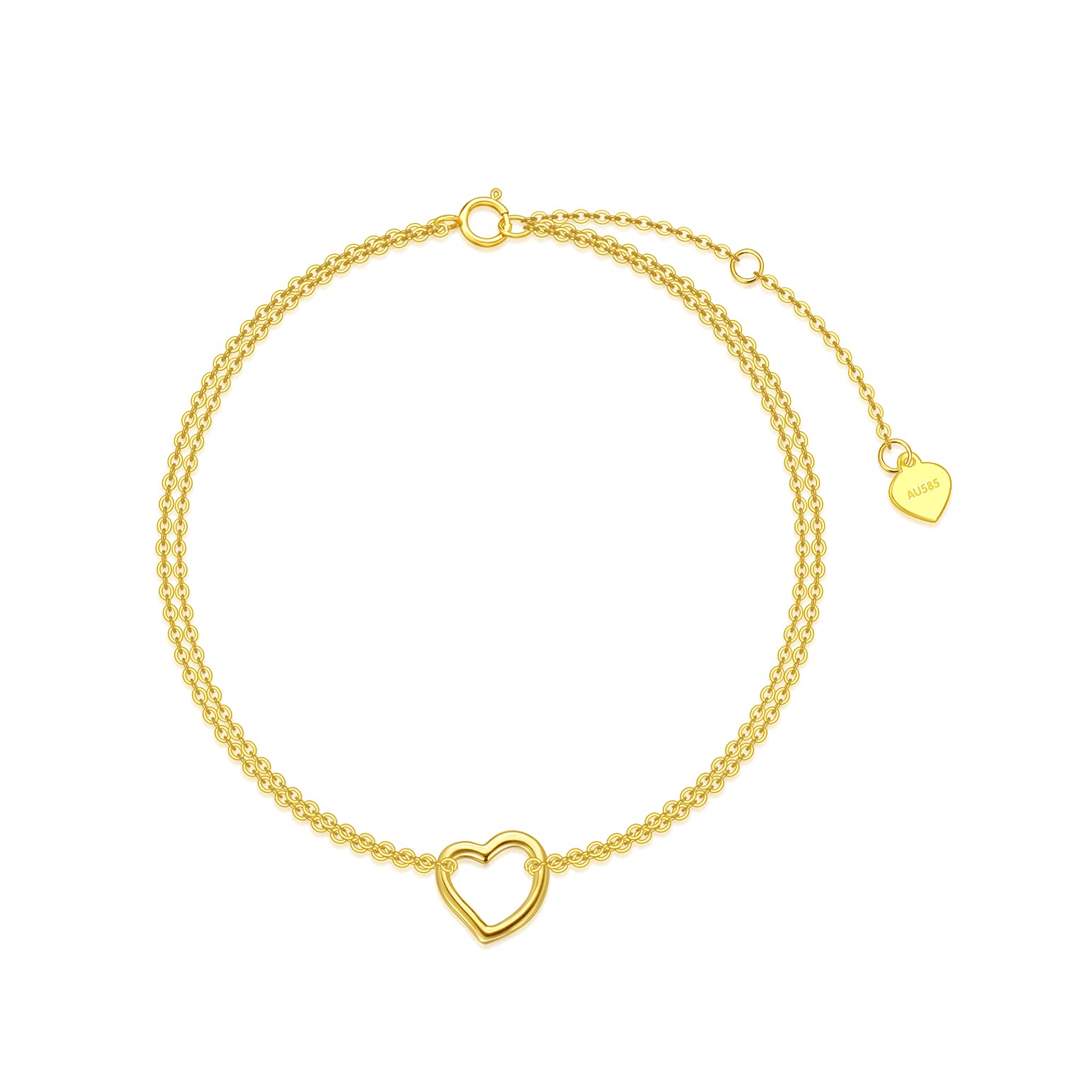 14K Yellow Gold Heart Bracelet for Women - Real Gold Double Chain Love Bracelet, Anniversary Gift for Her, Wife, Mom - Adjustable 6.5