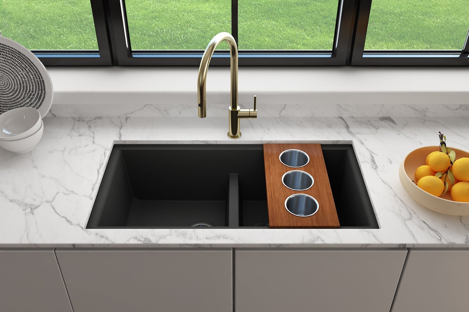 Premium Bocchi Wooden Workstation Sink Board with 3 Stainless Steel Rectangular Bowls - Model 2320 0012 - Perfect for Professional Kitchens, Restaurant Prep Stations & Home Chef Work Areas