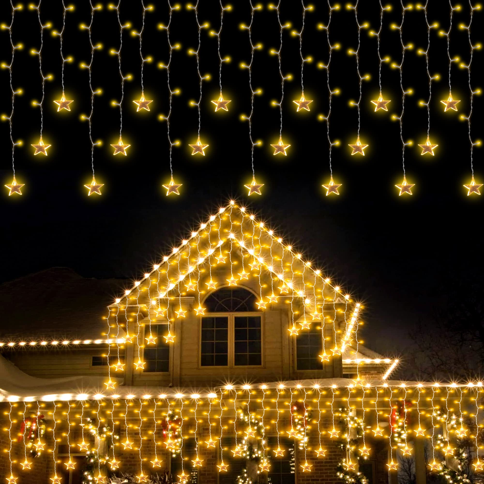 150 LED Icicle Christmas Lights with Star - 8 Twinkle Modes, Waterproof Outdoor String Lights (30 Drops, Warm White) for Indoor, Outdoor, Balcony, Patio - Perfect for Holiday Decorations, Christmas Tree, Window & Roof Decor