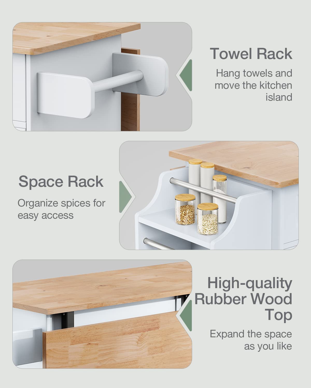 Rolling Kitchen Island Cart with Natural Rubber Wood Top - Mobile Kitchen Cart with Double Storage Cabinets & Drawers - White Kitchen Workstation for Small Spaces & Apartment Cooking