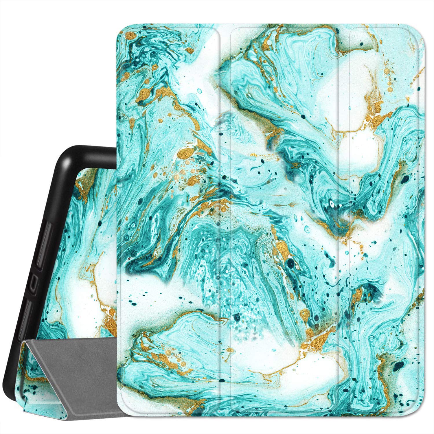 Hepix iPad Pro 12.9 Case (4th/3rd Gen 2020/2018) - Green & Cyan Marble Teal Shockproof Cover with Pencil Holder, Trifold Stand & Auto Sleep/Wake for A2229 A2069 A2032 A2233 - Perfect for Work, Travel & School Protection