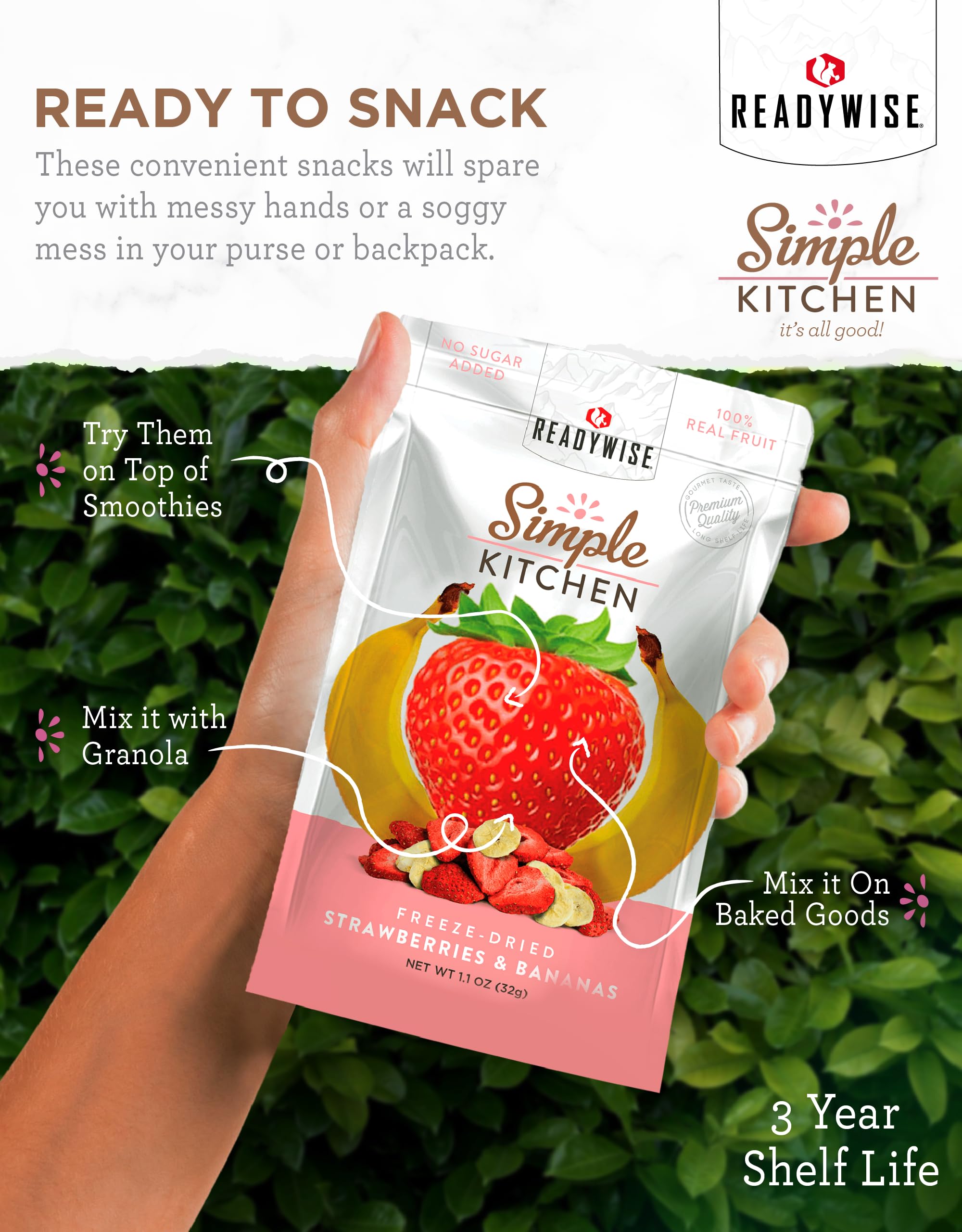 Freeze-Dried Strawberries & Bananas Snack Pack - 24 Servings, 6 Pack | Gluten-Free, Vegetarian Survival Food | Pre-Workout Energy Boost, Healthy On-the-Go Snacks for Hiking, Camping & Emergency Preparedness