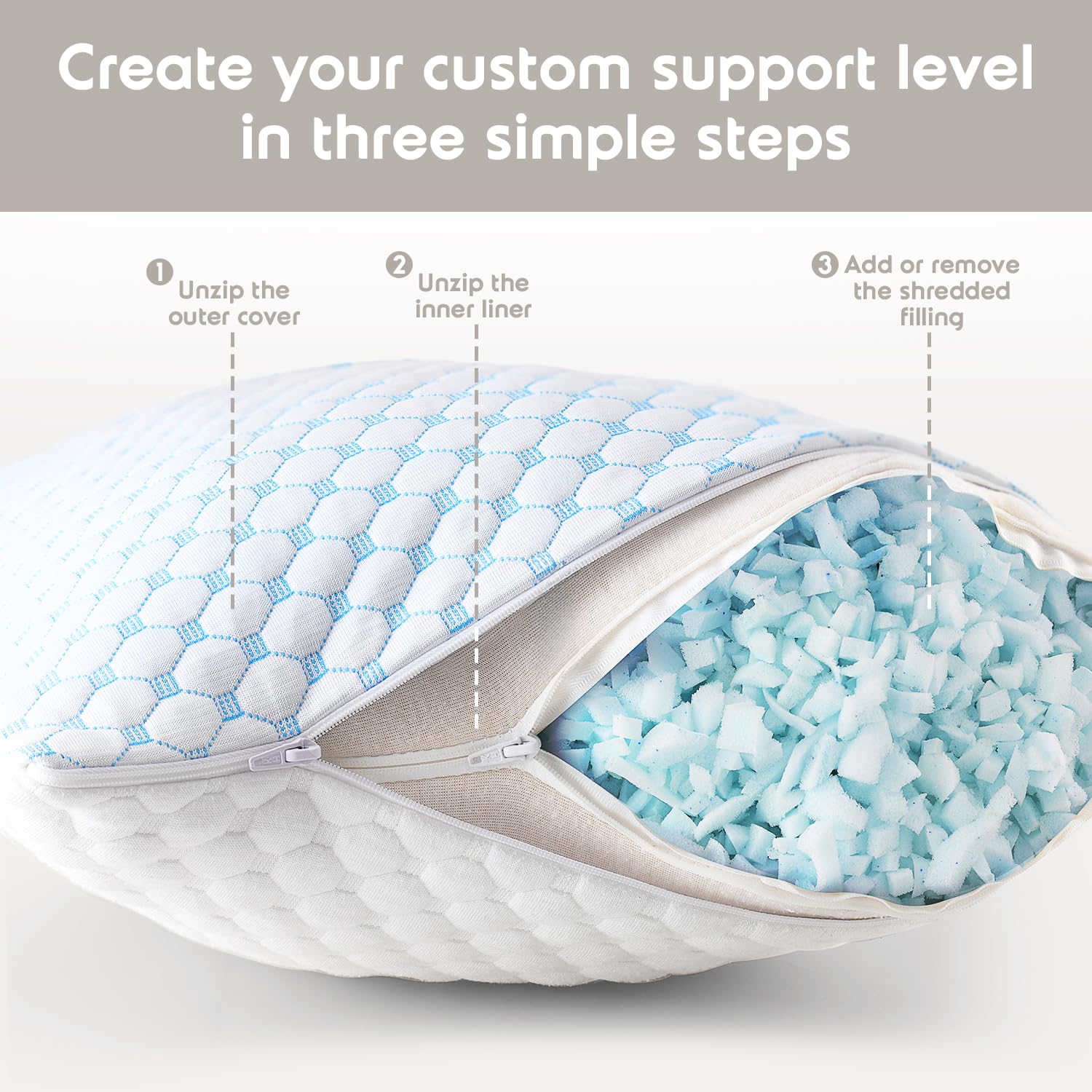 Nestl Cooling Pillows Standard Size Set of 2 - Gel Infused Shredded Memory Foam Pillow for Side, Back & Stomach Sleepers - Adjustable, Breathable & Washable Cool Bed Cover (20”x26”) - Perfect for Hot Sleepers & Night Sweat Relief