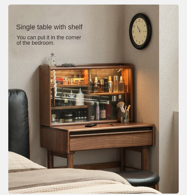 Luxury Black Walnut Solid Wood Vanity Dressing Table with Mirror - Perfect for Bedroom, Makeup & Beauty Organization