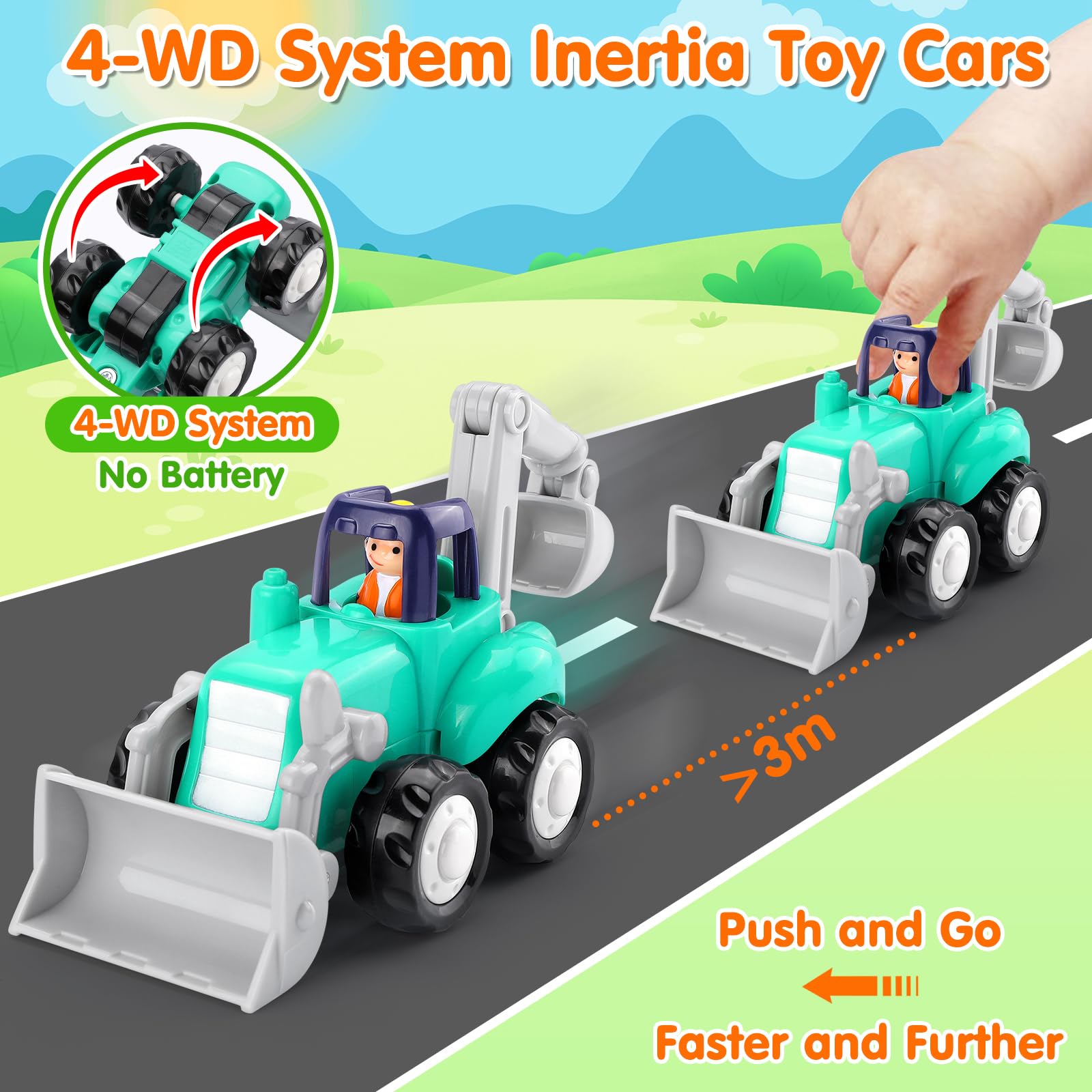 **Best Toy Cars for 1 Year Old Boys - 4PCS Inertia Push & Go Trucks, Construction Vehicles for Toddlers 12-18 Months | Early Learning Baby Toys & Gift Ideas for Birthdays & Playtime**