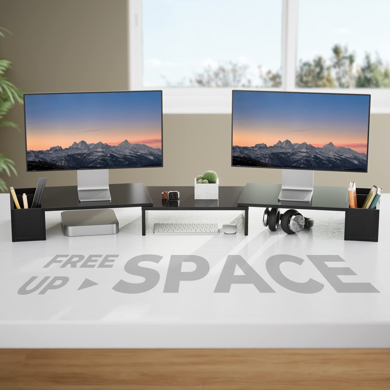 LORYERGO Adjustable Dual Monitor Stand with Laptop Holder & Storage Slots - Ergonomic Height & Angle Adjustment for Home & Office Workspace