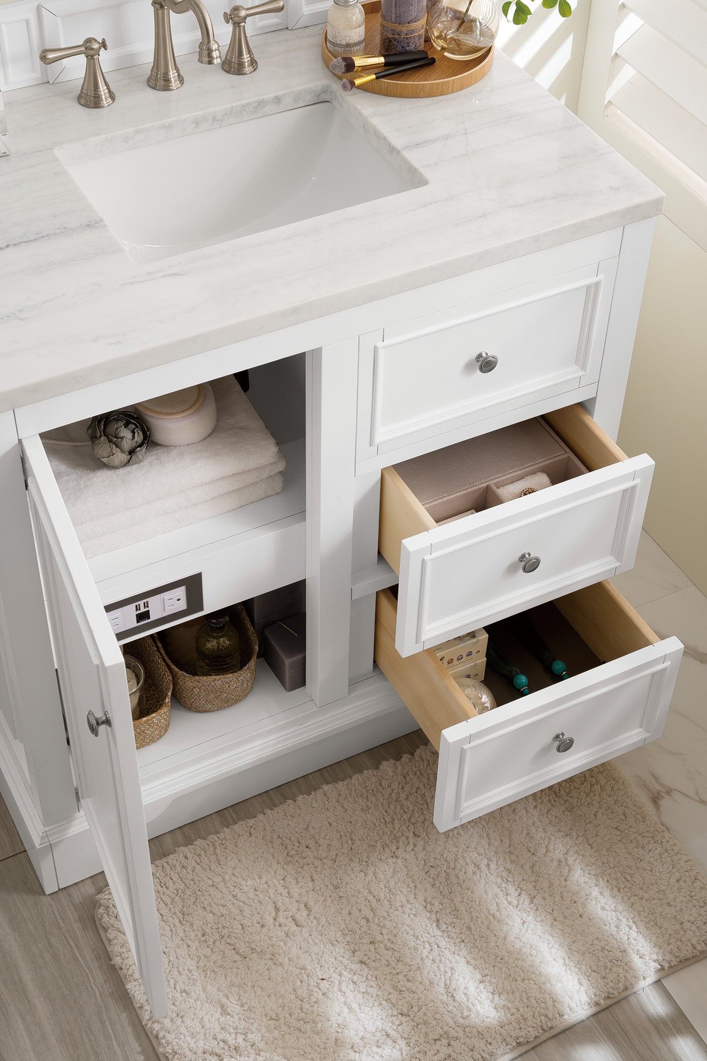 De Soto 36 Inch Single Bathroom Vanity with Arctic Fall Solid Surface Top - Bright White Finish for Modern Bathrooms | Perfect for Small Spaces, Guest Bathrooms & Home Renovations