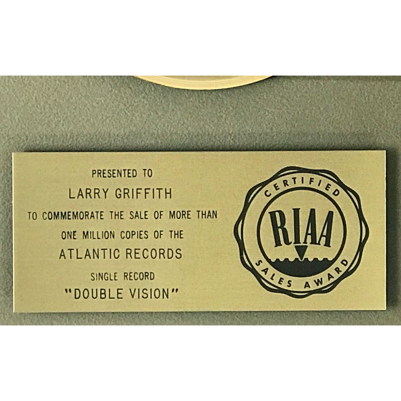 RIAA Gold Single Award - Double Vision Foreigner - Premium Music Collectible for Display & Memorabilia - Perfect for Home, Office & Fan Collections